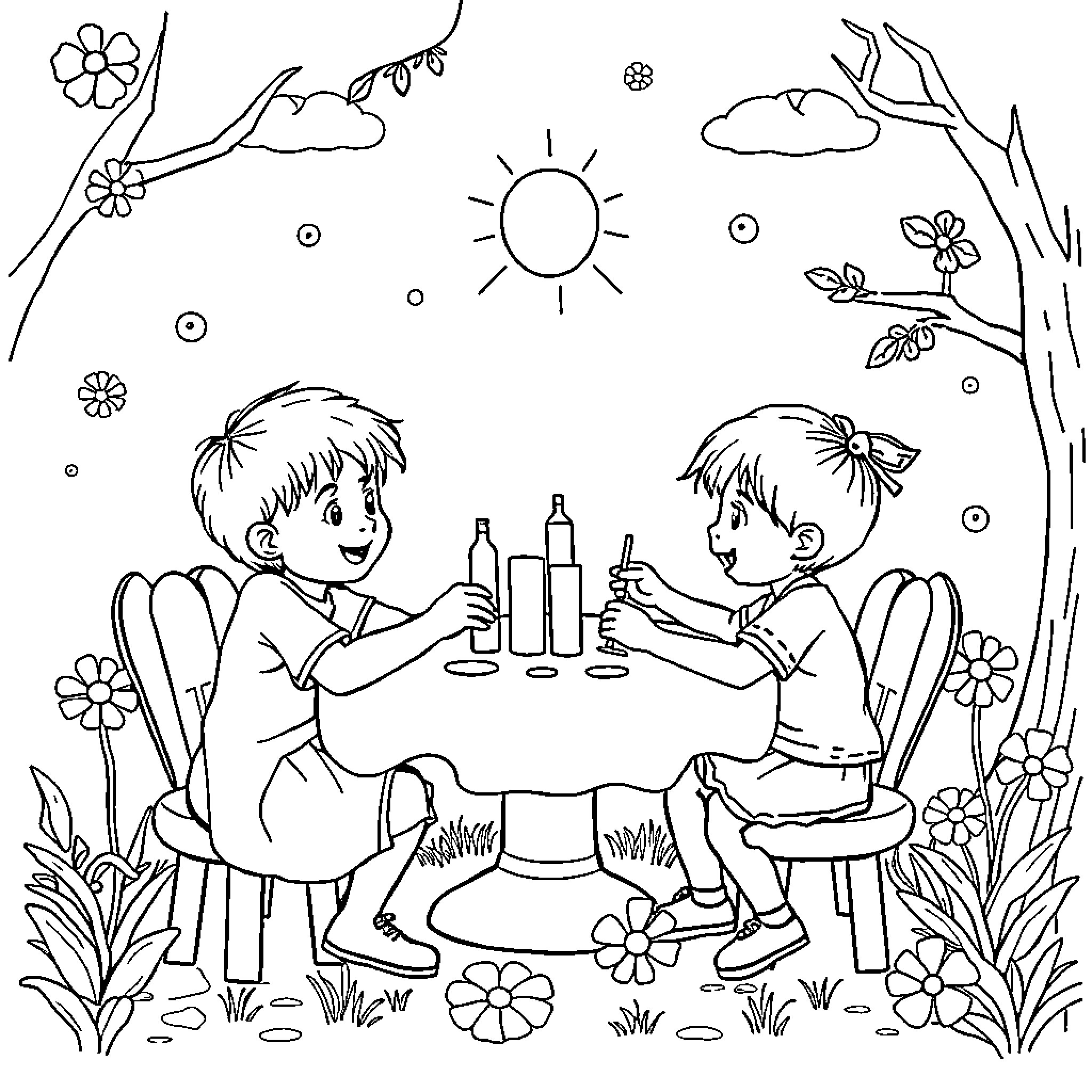 Board Game of Children Playing Outdoors Coloring Page (free black-and-white line drawing printable PDF for all, from beginners to advanced learners, including children, teens, adults, and seniors)