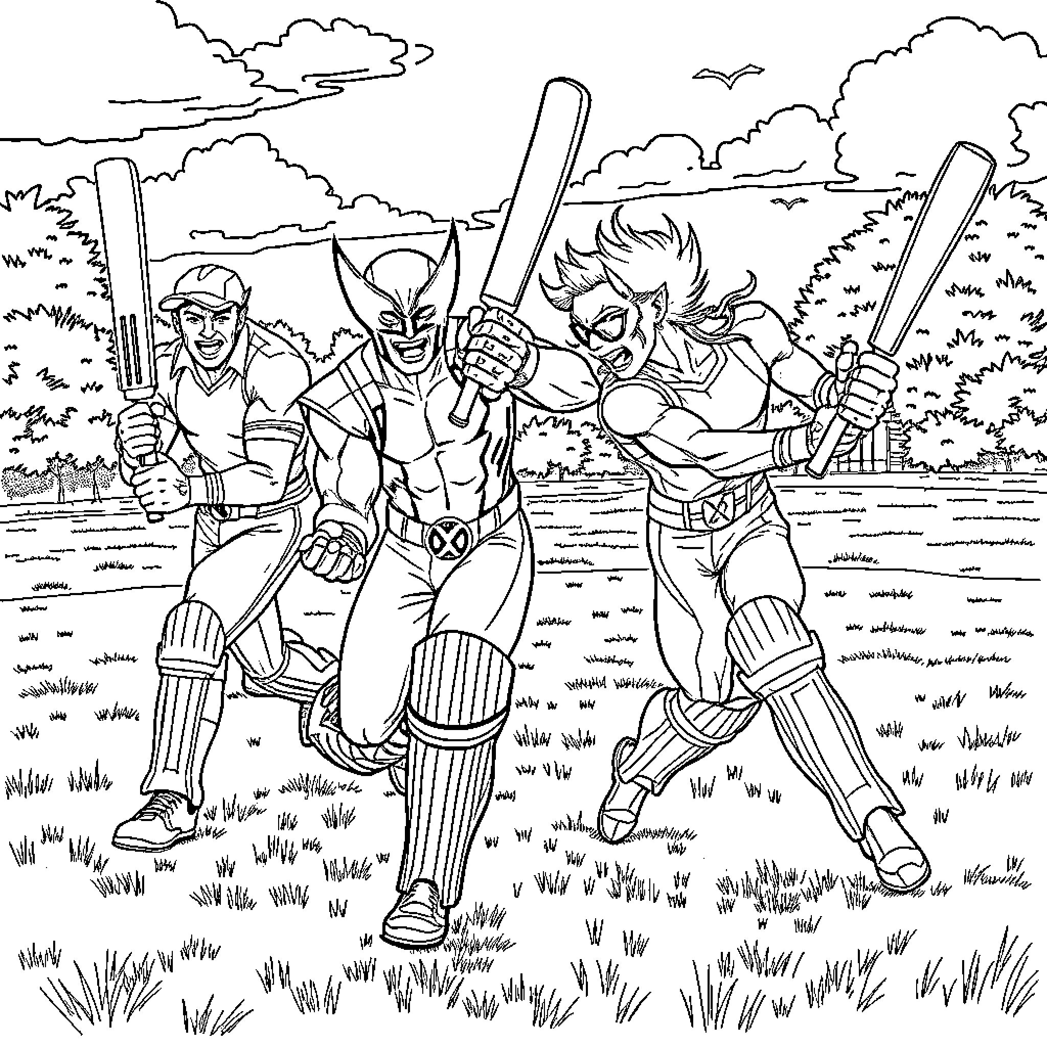 X-Men Cricket Match in the Park Coloring Page (free black-and-white line drawing printable PDF for all, from beginners to advanced learners, including children, teens, adults, and seniors)