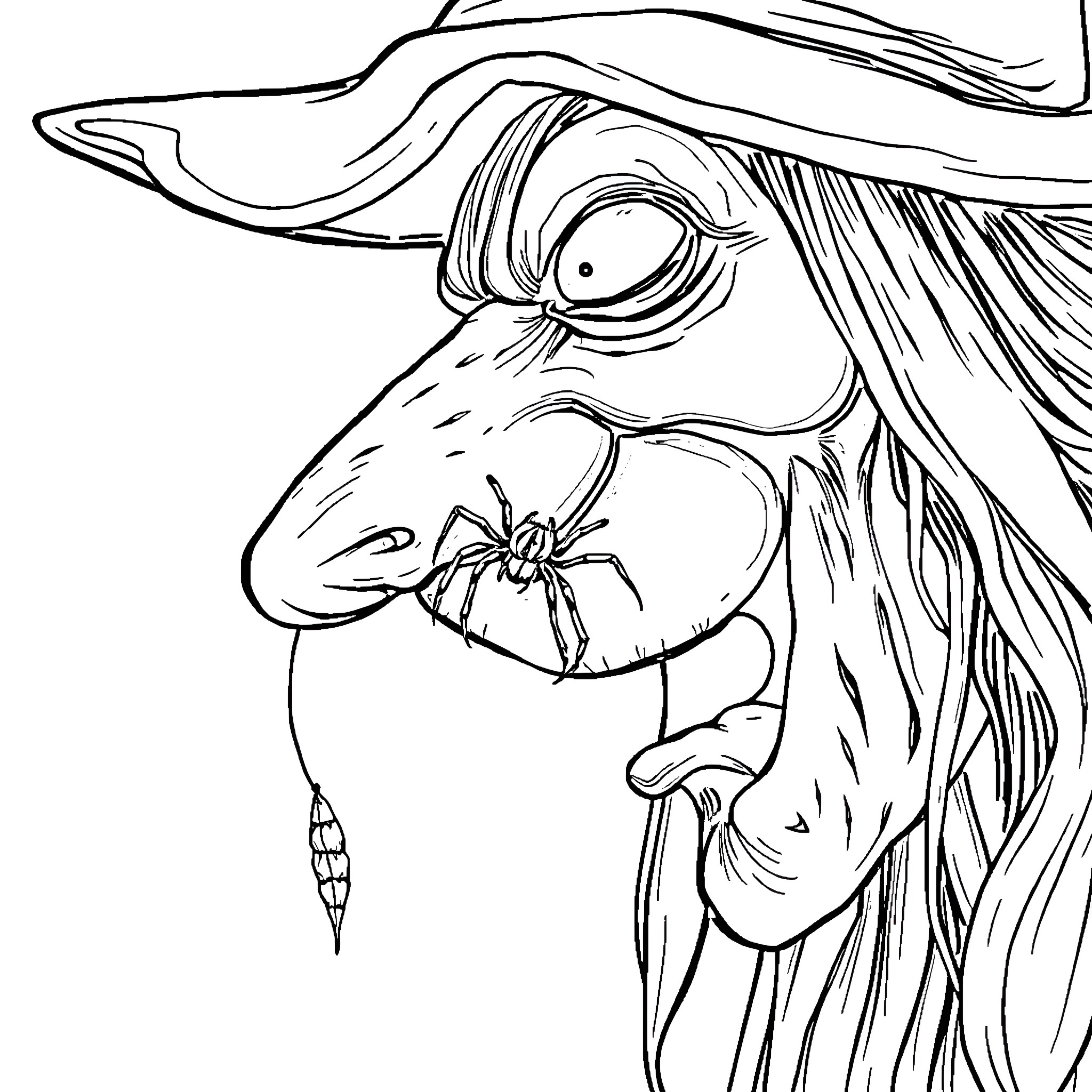 Spider Witch with Spooky Accessories Coloring Page (free black-and-white line drawing printable PDF for all, from beginners to advanced learners, including children, teens, adults, and seniors)