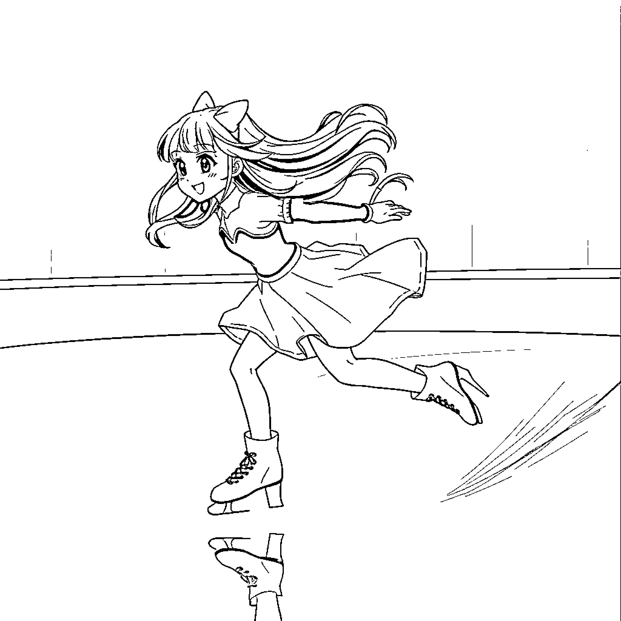Kuromi skating gracefully on the ice Coloring Page (free black-and-white line drawing printable PDF for all, from beginners to advanced learners, including children, teens, adults, and seniors)