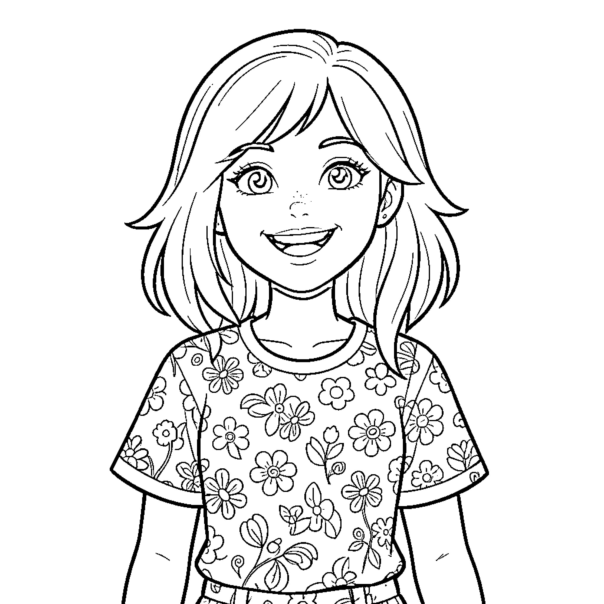 Jacky's Floral Delight: A Cheerful Young Girl Coloring Page (free black-and-white line drawing printable PDF for all, from beginners to advanced learners, including children, teens, adults, and seniors)