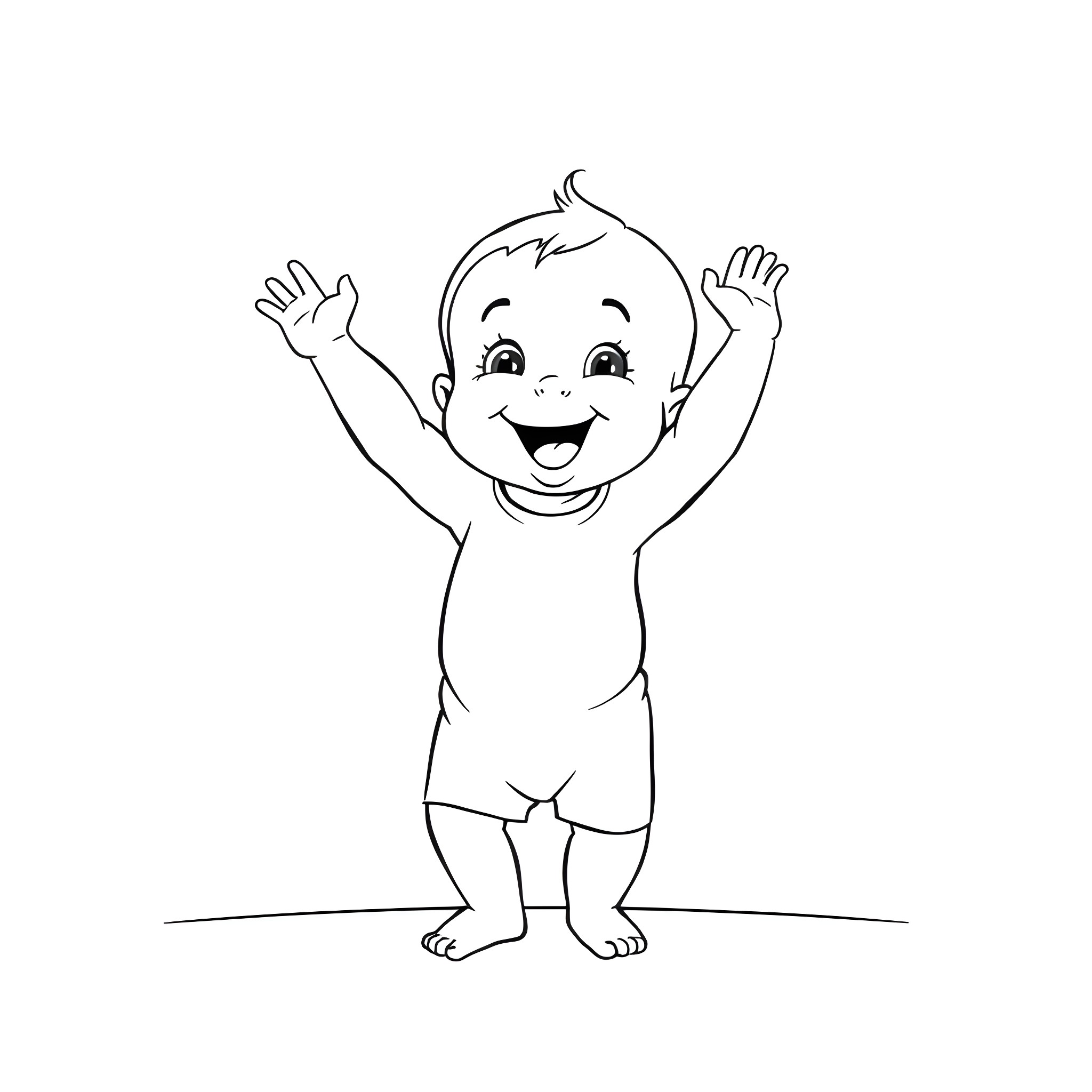 Baby celebrating happily with arms raised Coloring Page (free black-and-white line drawing printable PDF for all, from beginners to advanced learners, including children, teens, adults, and seniors)