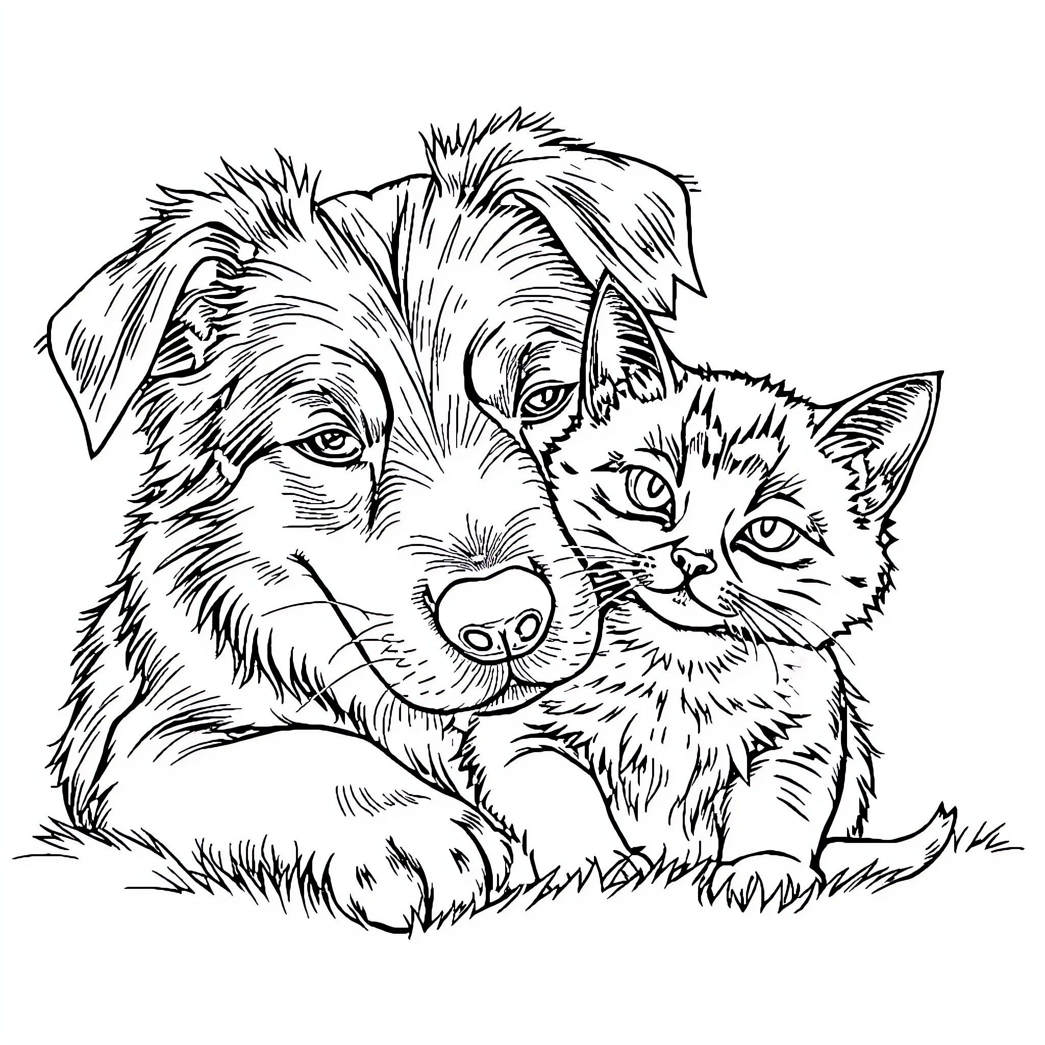 Dog and cat cuddling affectionately Coloring Page (free black-and-white line drawing printable PDF for all, from beginners to advanced learners, including children, teens, adults, and seniors)