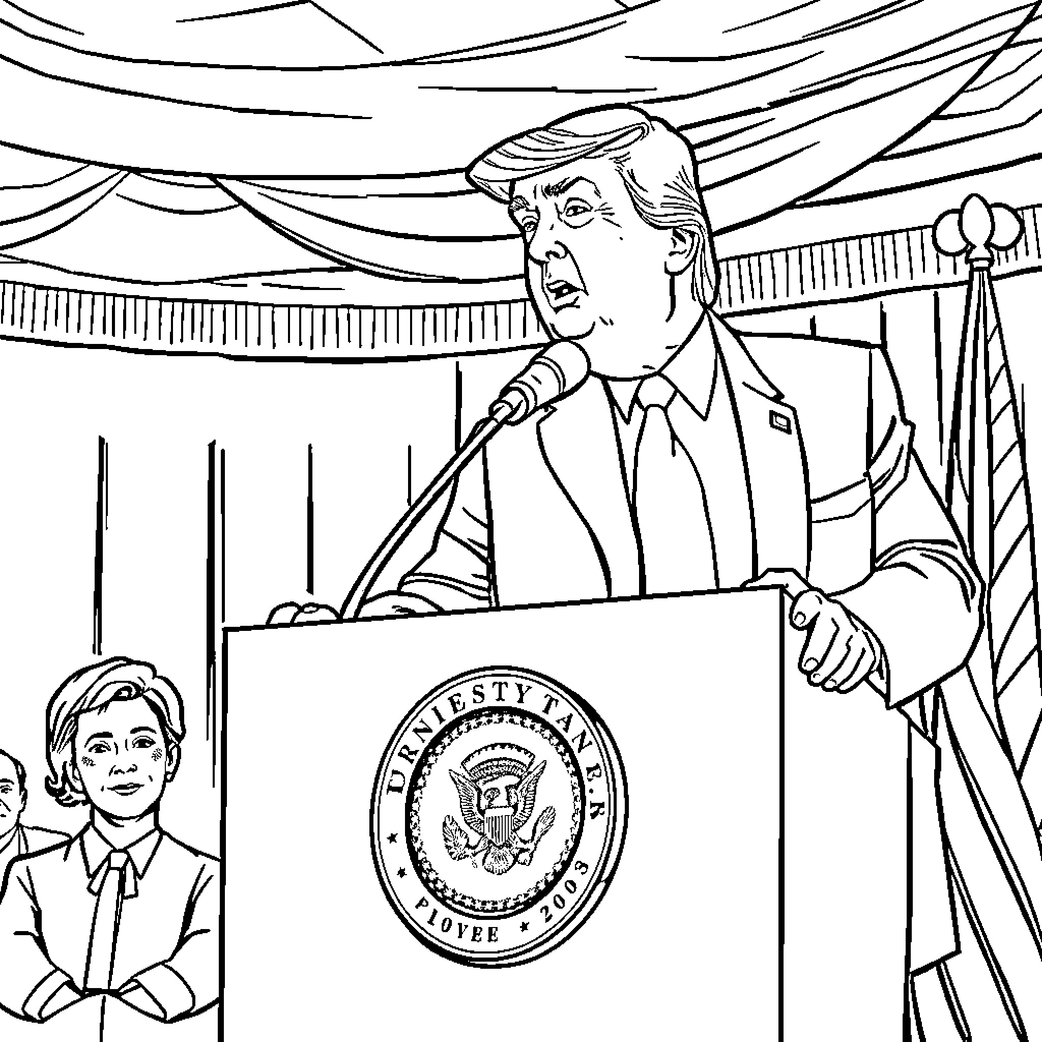 Trump Delivering Speech at Podium with Seal Coloring Page (free black-and-white line drawing printable PDF for all, from beginners to advanced learners, including children, teens, adults, and seniors)