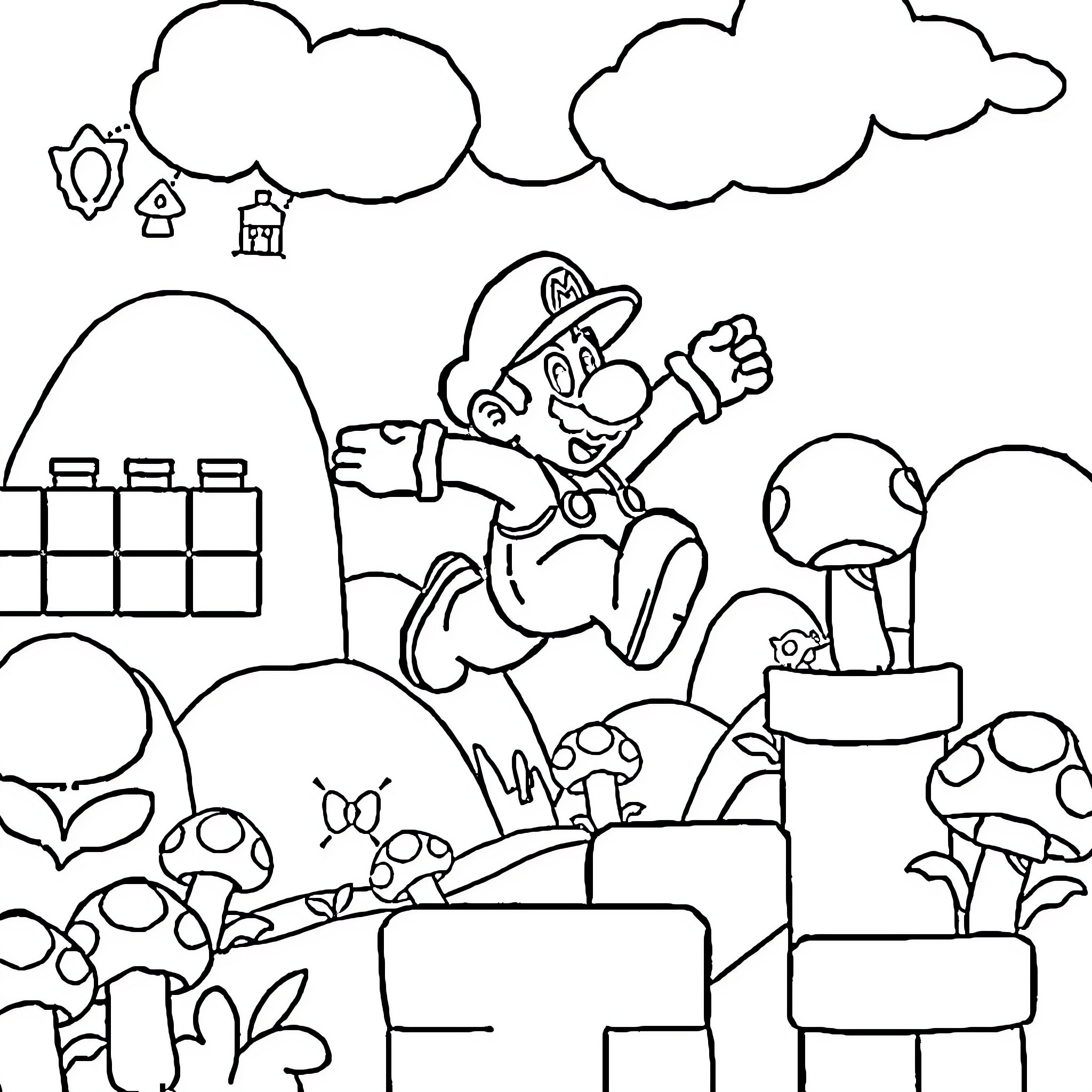 Mario's Whimsical Adventure in the Mushroom Kingdom Coloring Page (free black-and-white line drawing printable PDF for all, from beginners to advanced learners, including children, teens, adults, and seniors)