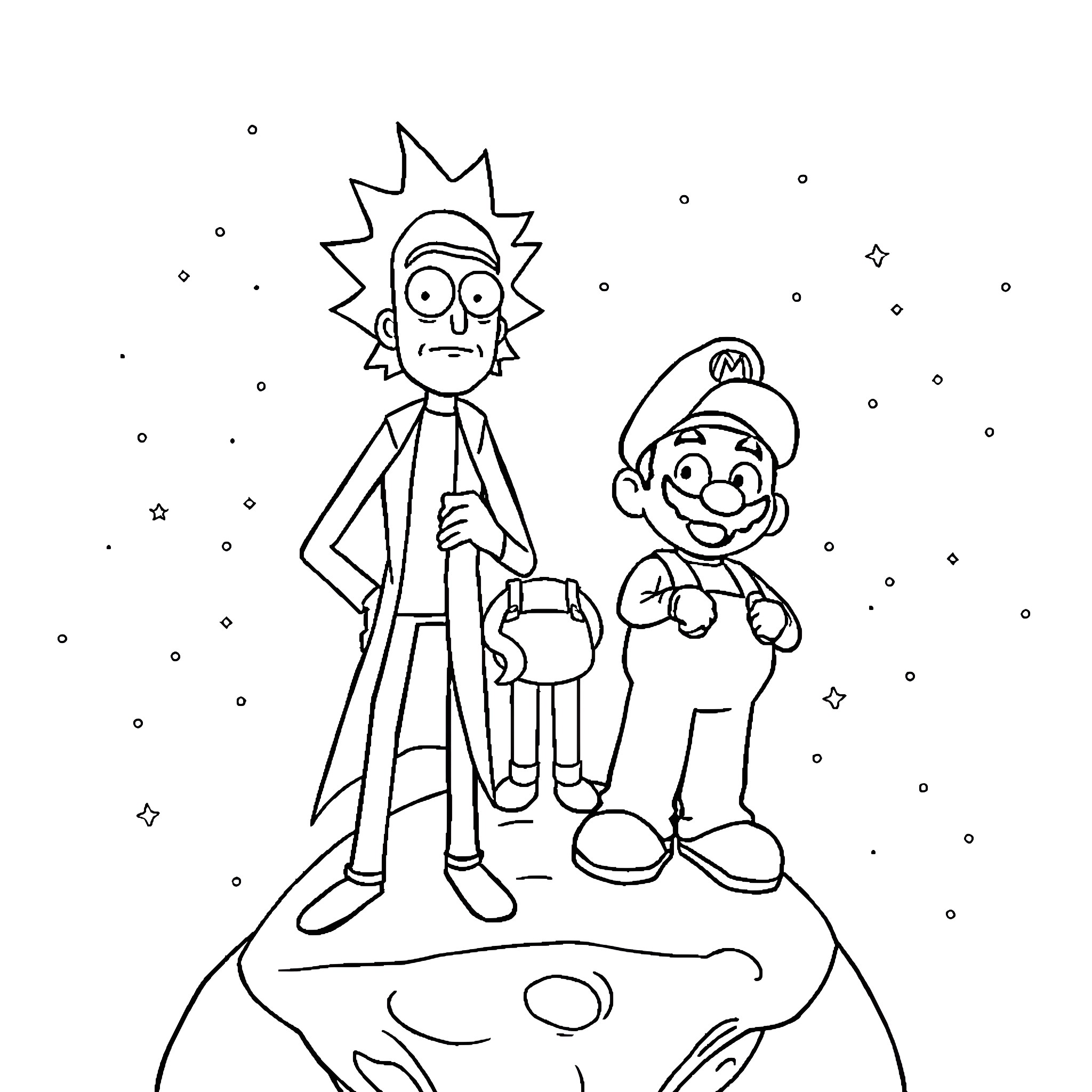 Rick And Morty's Intergalactic Adventure Coloring Page (free black-and-white line drawing printable PDF for all, from beginners to advanced learners, including children, teens, adults, and seniors)