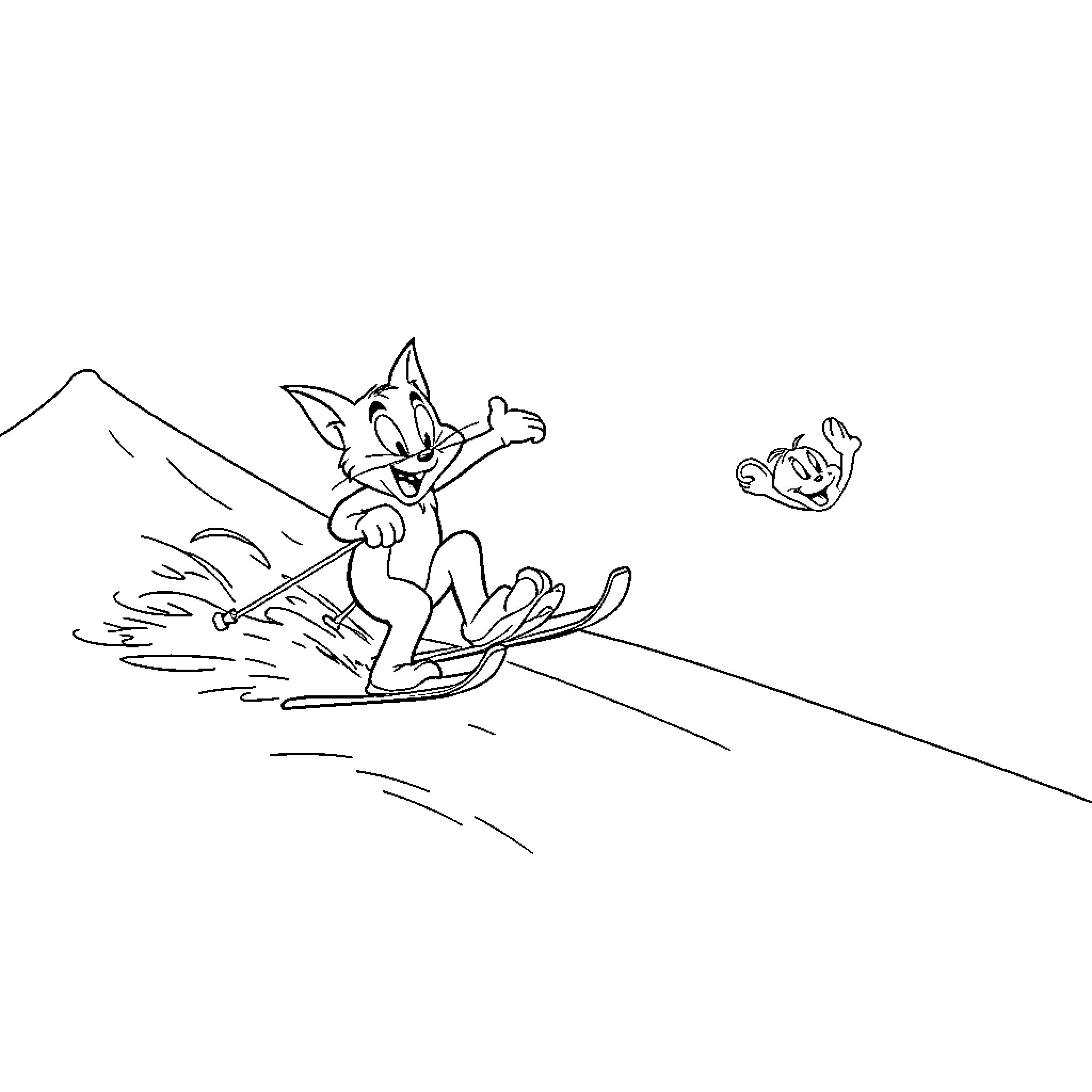 Tom and Jerry's Snowy Adventure Coloring Page (free black-and-white line drawing printable PDF for all, from beginners to advanced learners, including children, teens, adults, and seniors)