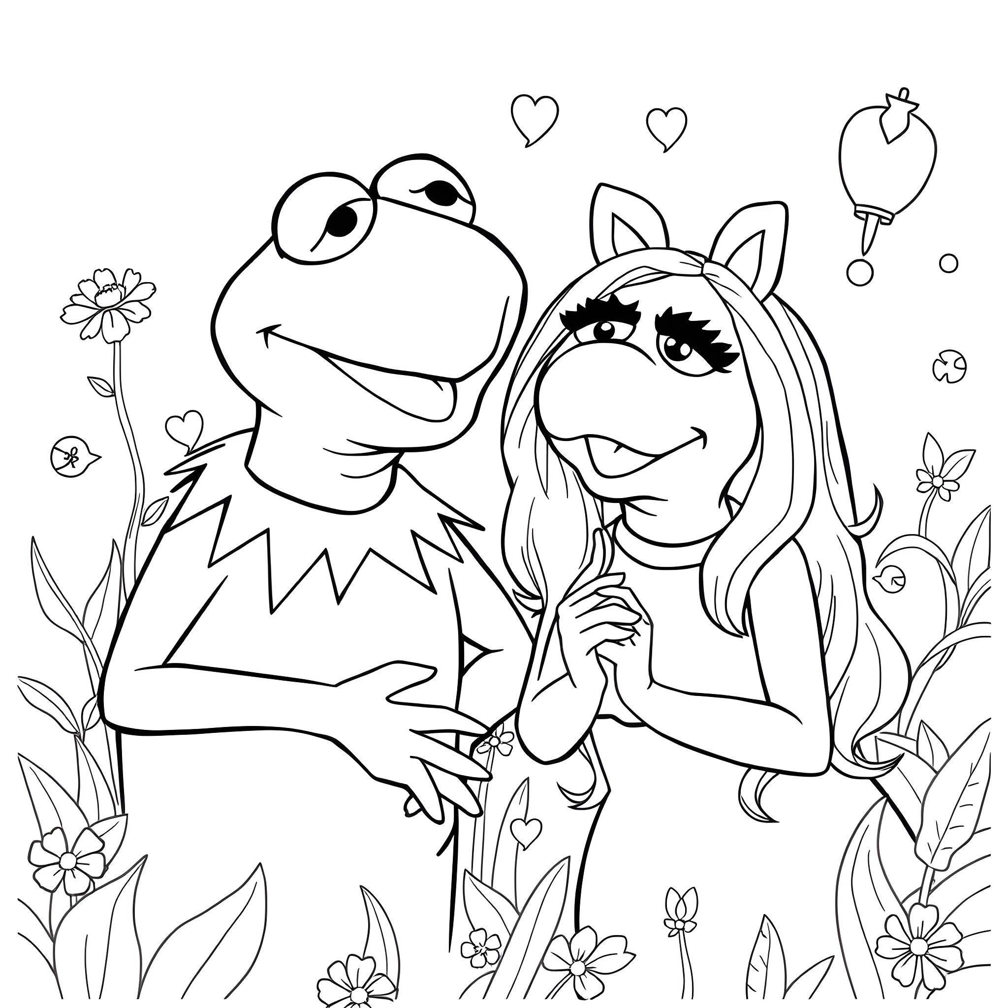 Kermit and Miss Piggy in a Whimsical Garden Coloring Page (free black-and-white line drawing printable PDF for all, from beginners to advanced learners, including children, teens, adults, and seniors)