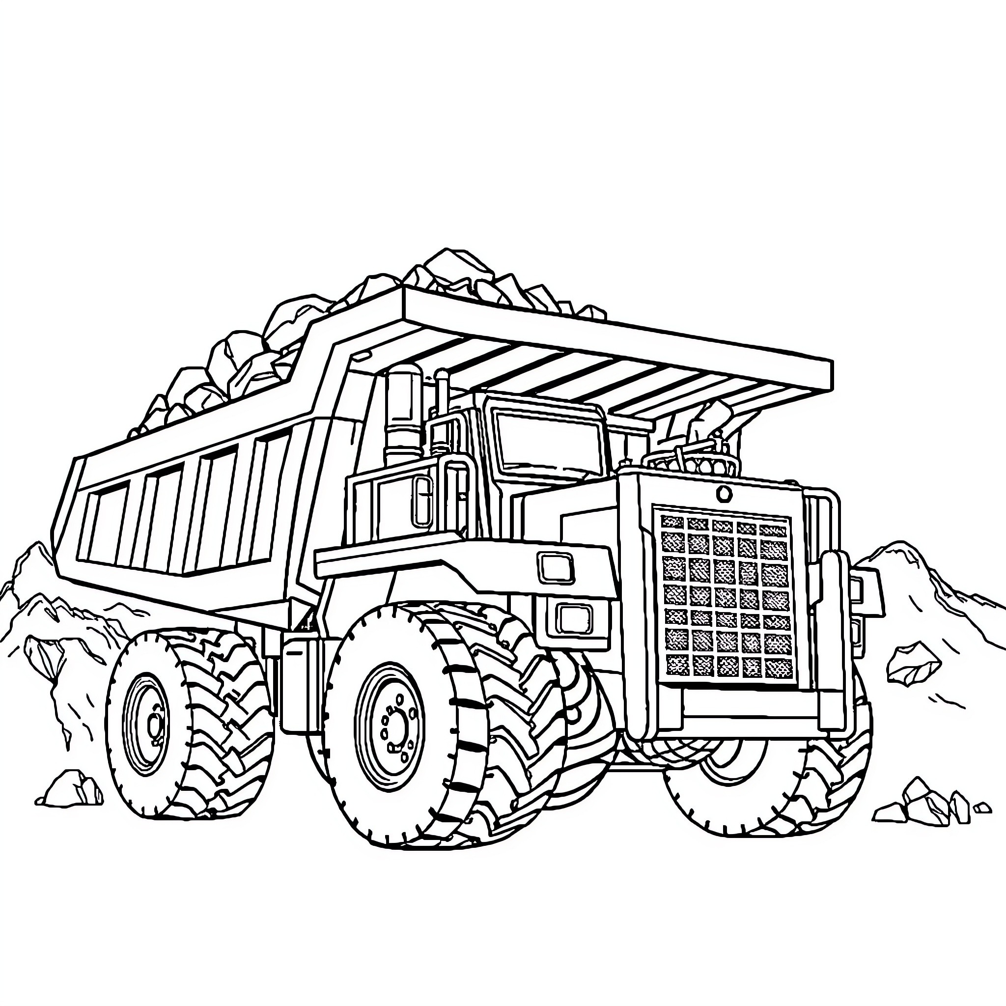 Truck carrying heavy load in rugged terrain Coloring Page (free black-and-white line drawing printable PDF for all, from beginners to advanced learners, including children, teens, adults, and seniors)