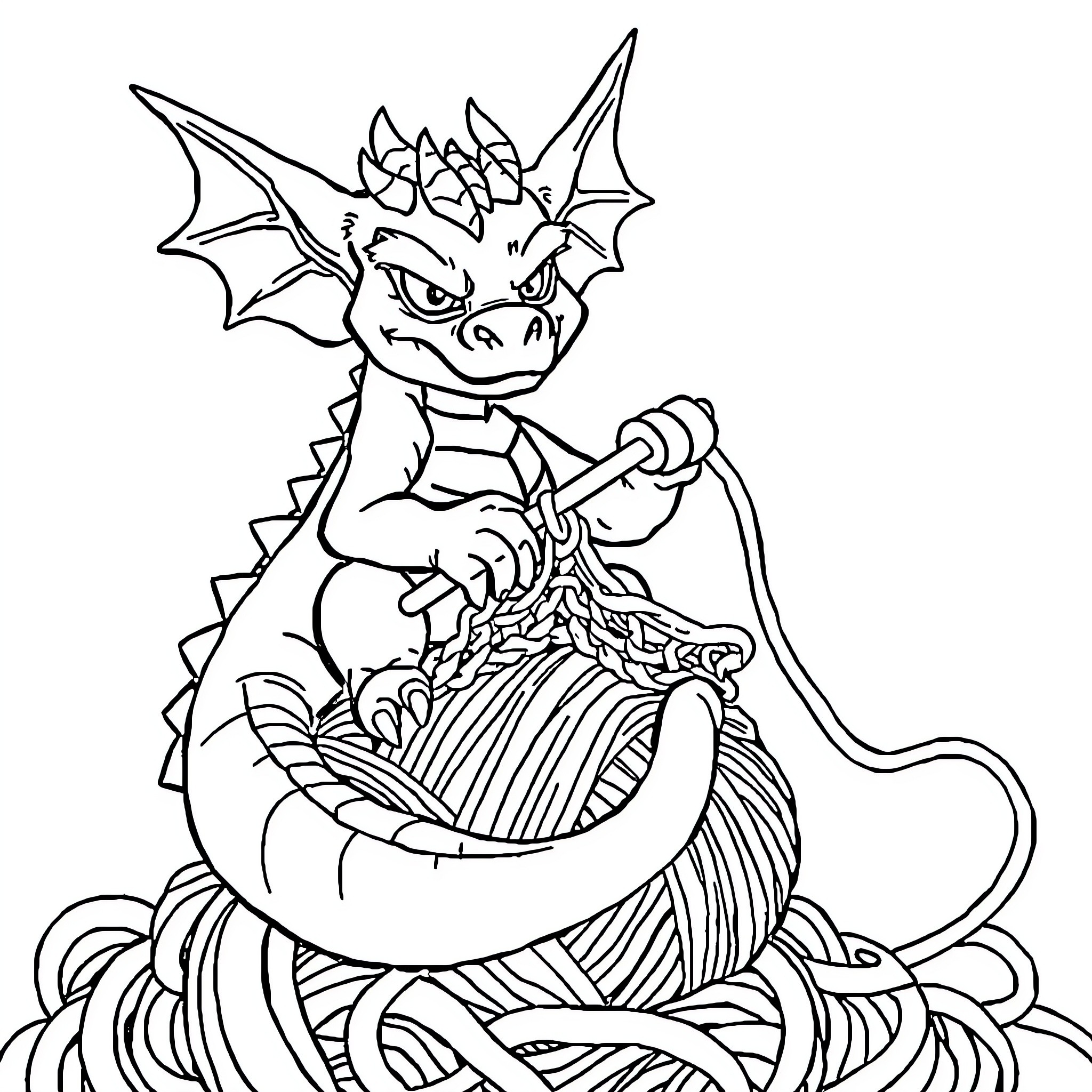 Dragon Knitting a Cozy Sweater Coloring Page (free black-and-white line drawing printable PDF for all, from beginners to advanced learners, including children, teens, adults, and seniors)
