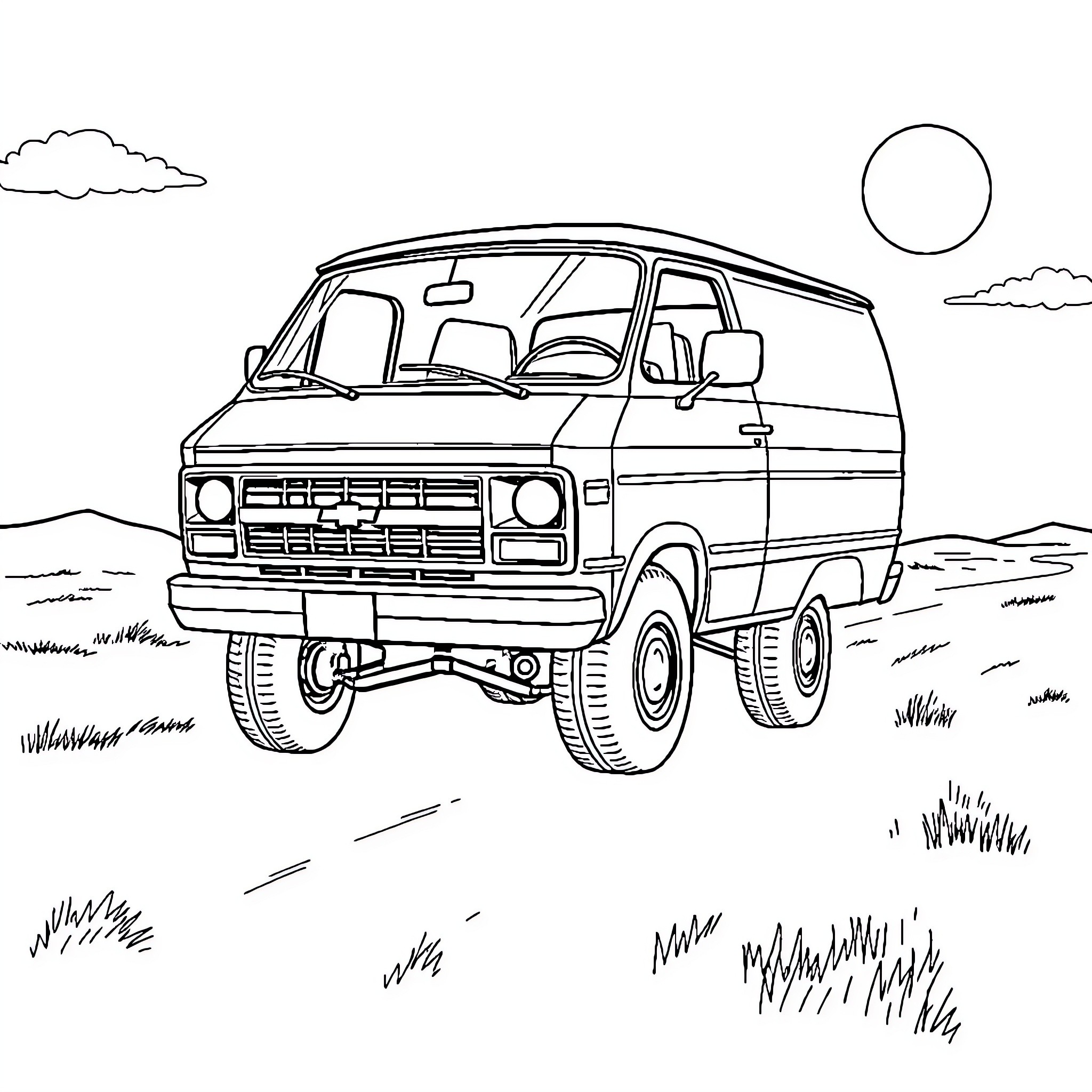 Chevy Van driving through the countryside Coloring Page (free black-and-white line drawing printable PDF for all, from beginners to advanced learners, including children, teens, adults, and seniors)