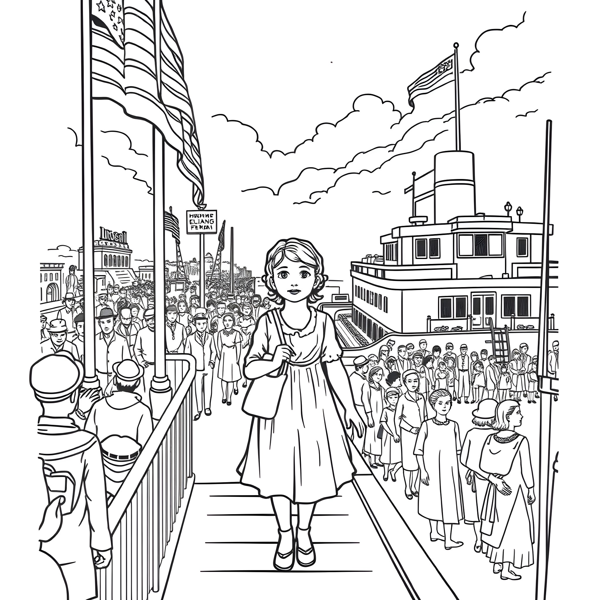 Girl walking confidently in bustling city scene Coloring Page (free black-and-white line drawing printable PDF for all, from beginners to advanced learners, including children, teens, adults, and seniors)