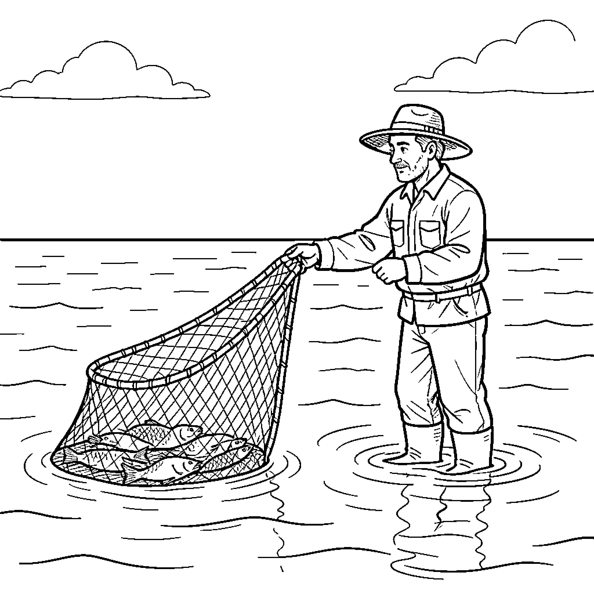 Fisherman casting net into the water Coloring Page (free black-and-white line drawing printable PDF for all, from beginners to advanced learners, including children, teens, adults, and seniors)