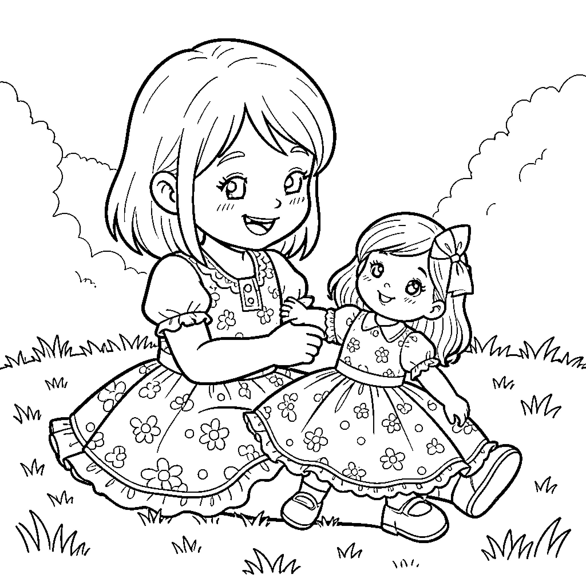 Girl playing with her doll in the meadow Coloring Page (free black-and-white line drawing printable PDF for all, from beginners to advanced learners, including children, teens, adults, and seniors)