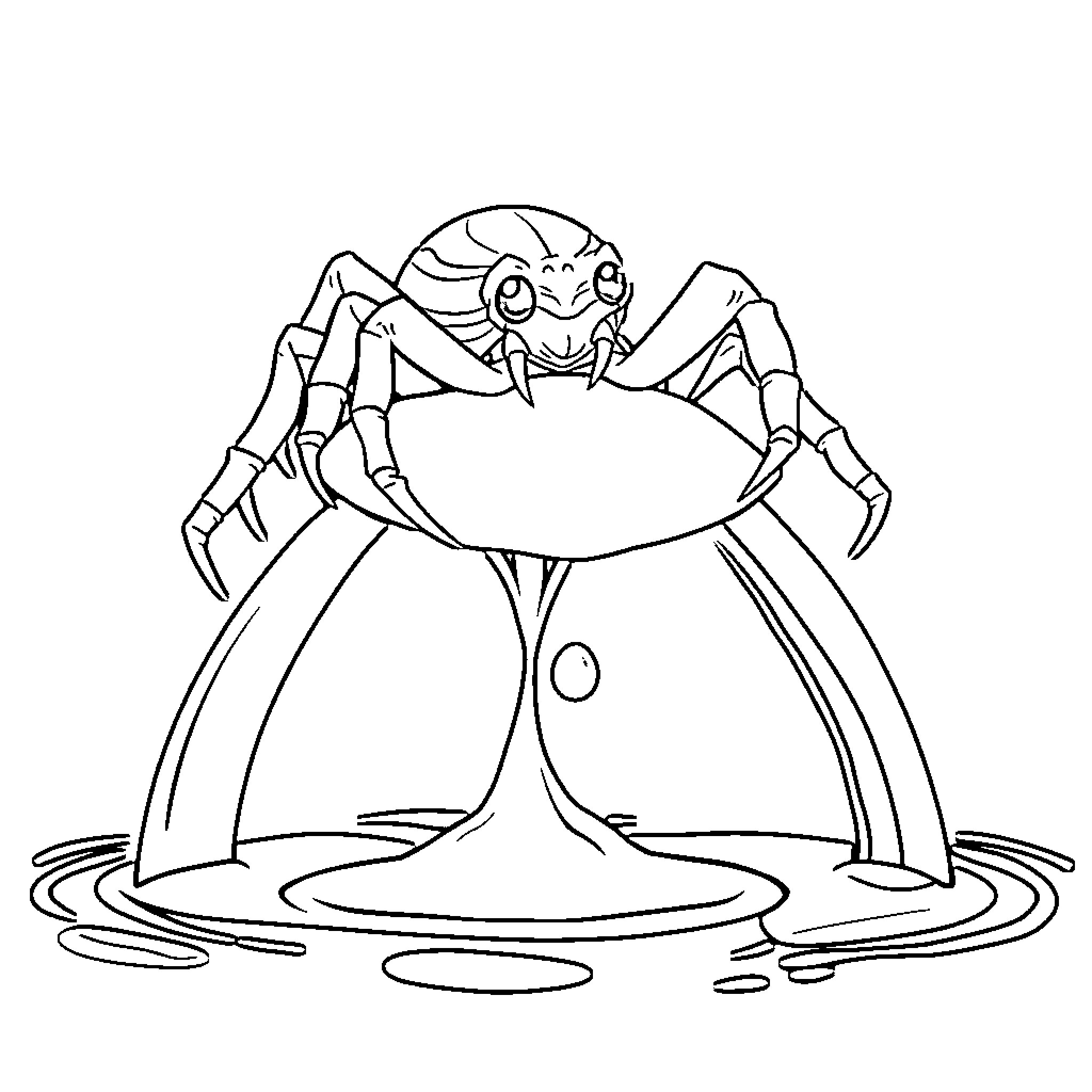 Spider-like creature on water surface Coloring Page (free black-and-white line drawing printable PDF for all, from beginners to advanced learners, including children, teens, adults, and seniors)