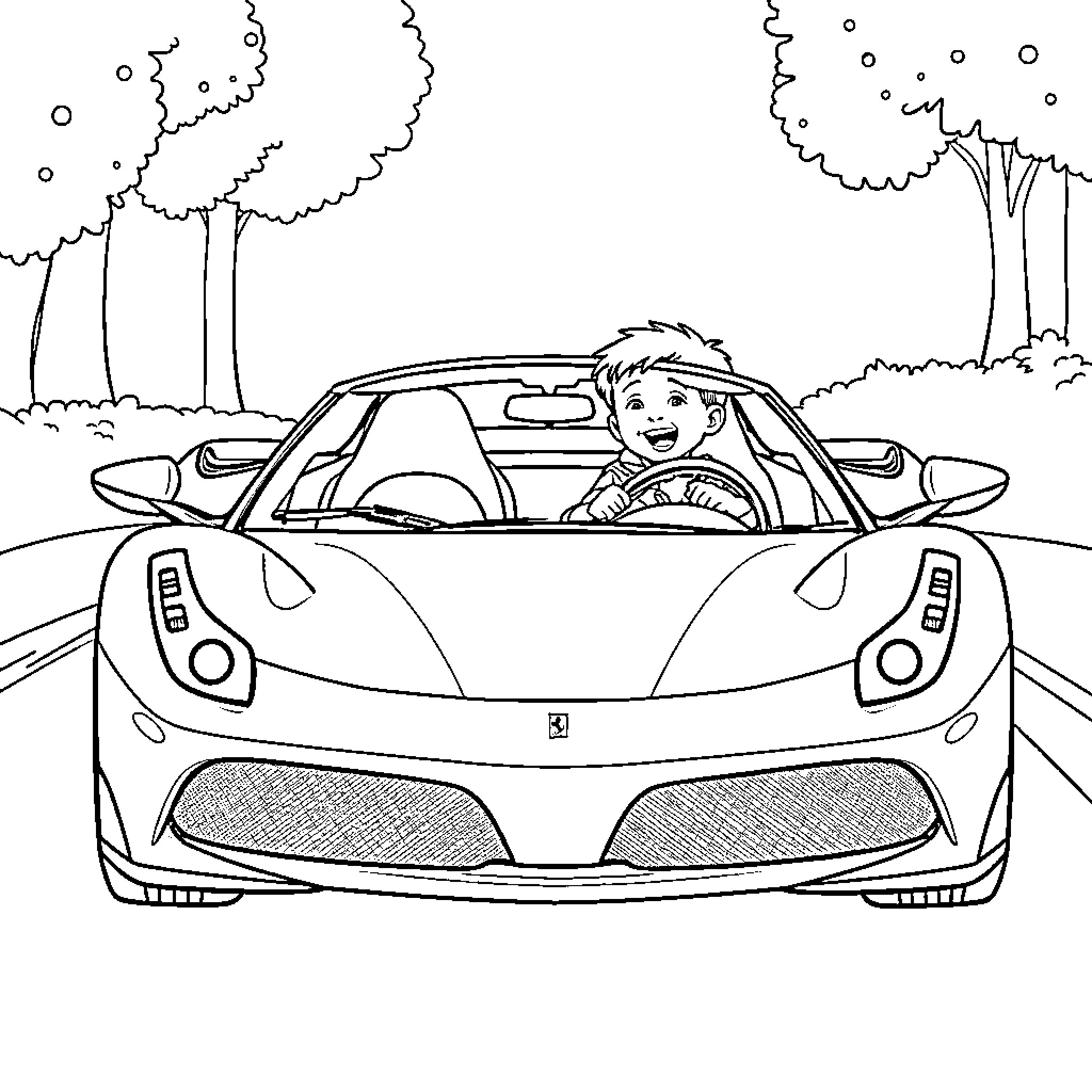 Ferrari boy enjoys driving on the road Coloring Page (free black-and-white line drawing printable PDF for all, from beginners to advanced learners, including children, teens, adults, and seniors)