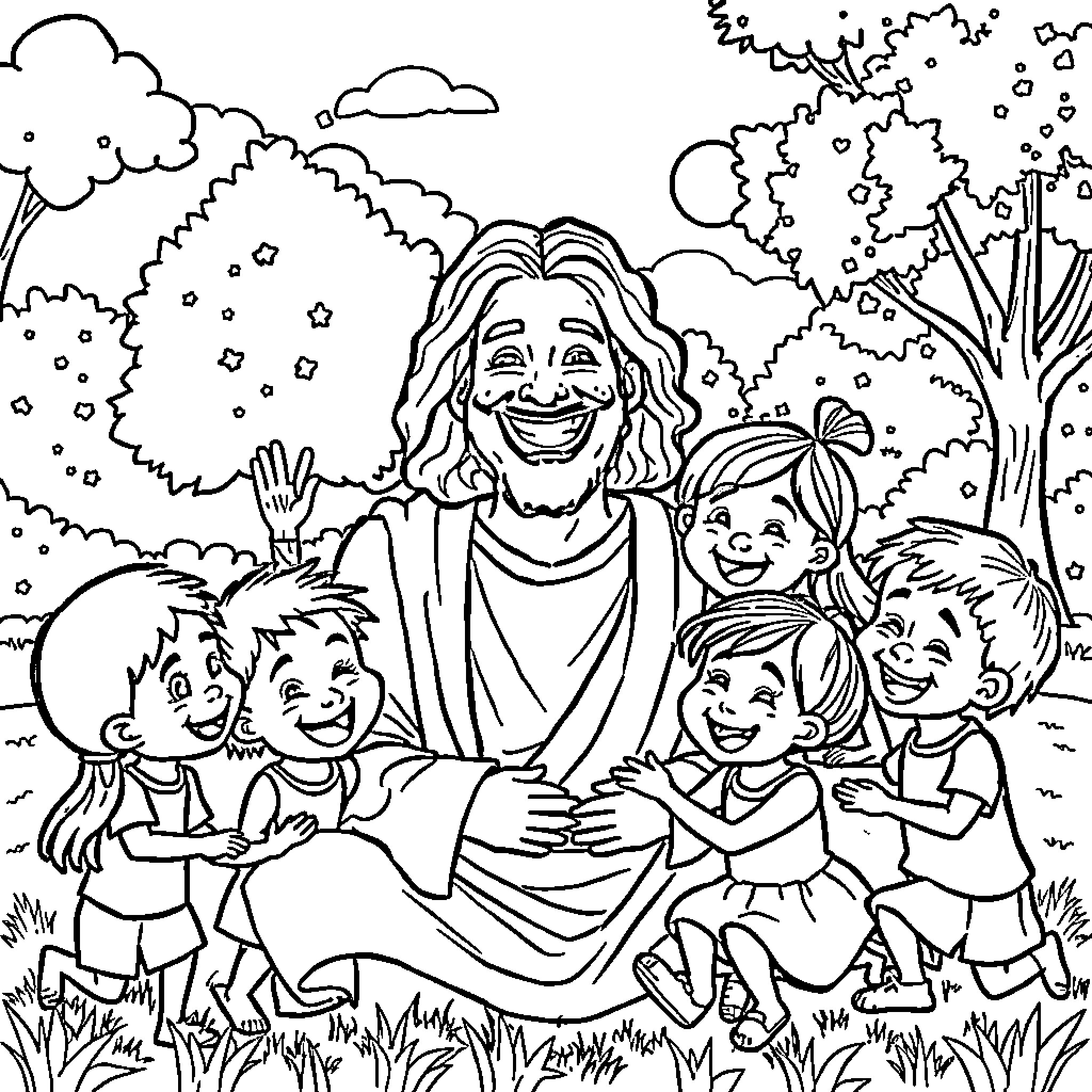 Jesus Embracing Children Joyfully in Nature Coloring Page (free black-and-white line drawing printable PDF for all, from beginners to advanced learners, including children, teens, adults, and seniors)