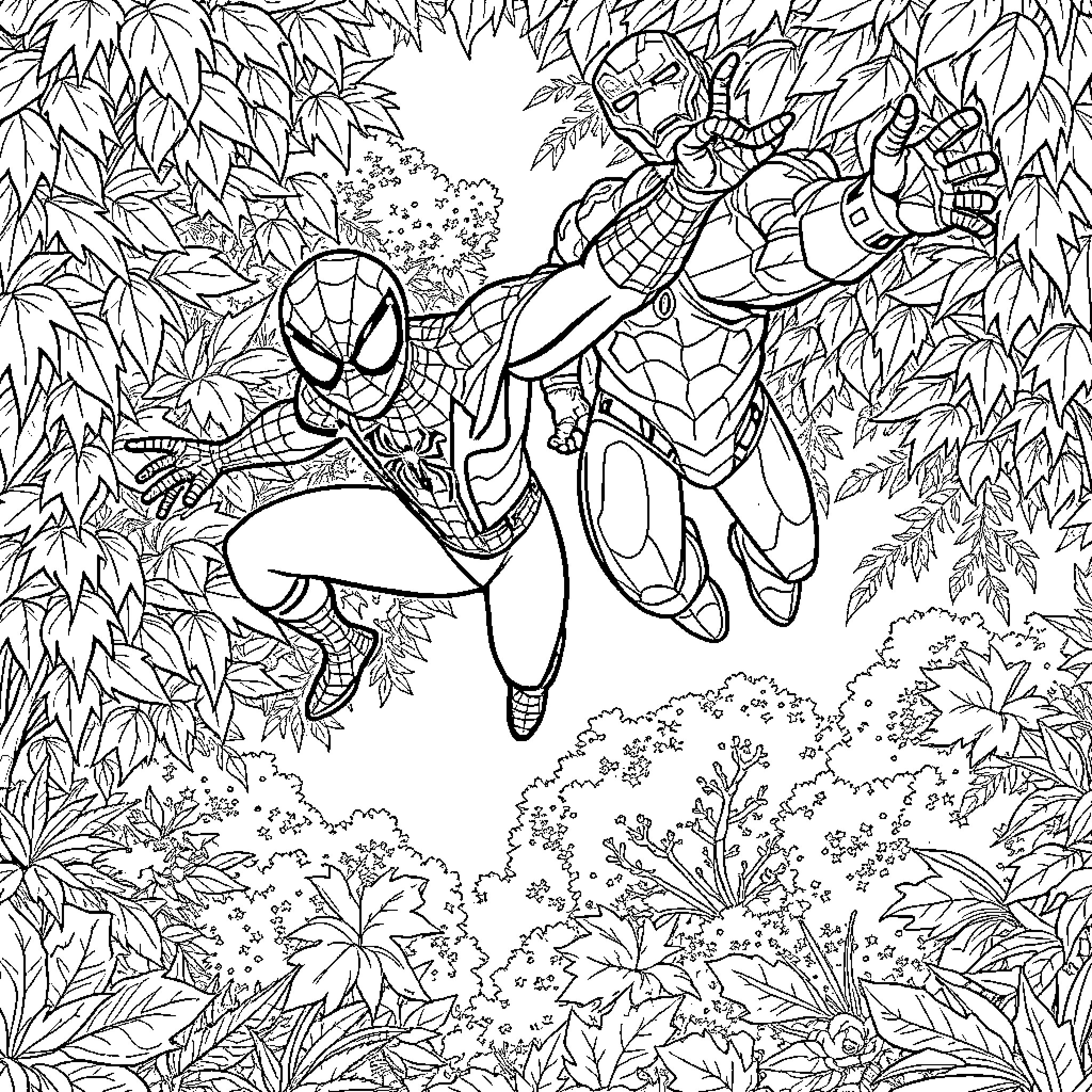 Spiderman swinging through a lush forest environment Coloring Page (free black-and-white line drawing printable PDF for all, from beginners to advanced learners, including children, teens, adults, and seniors)