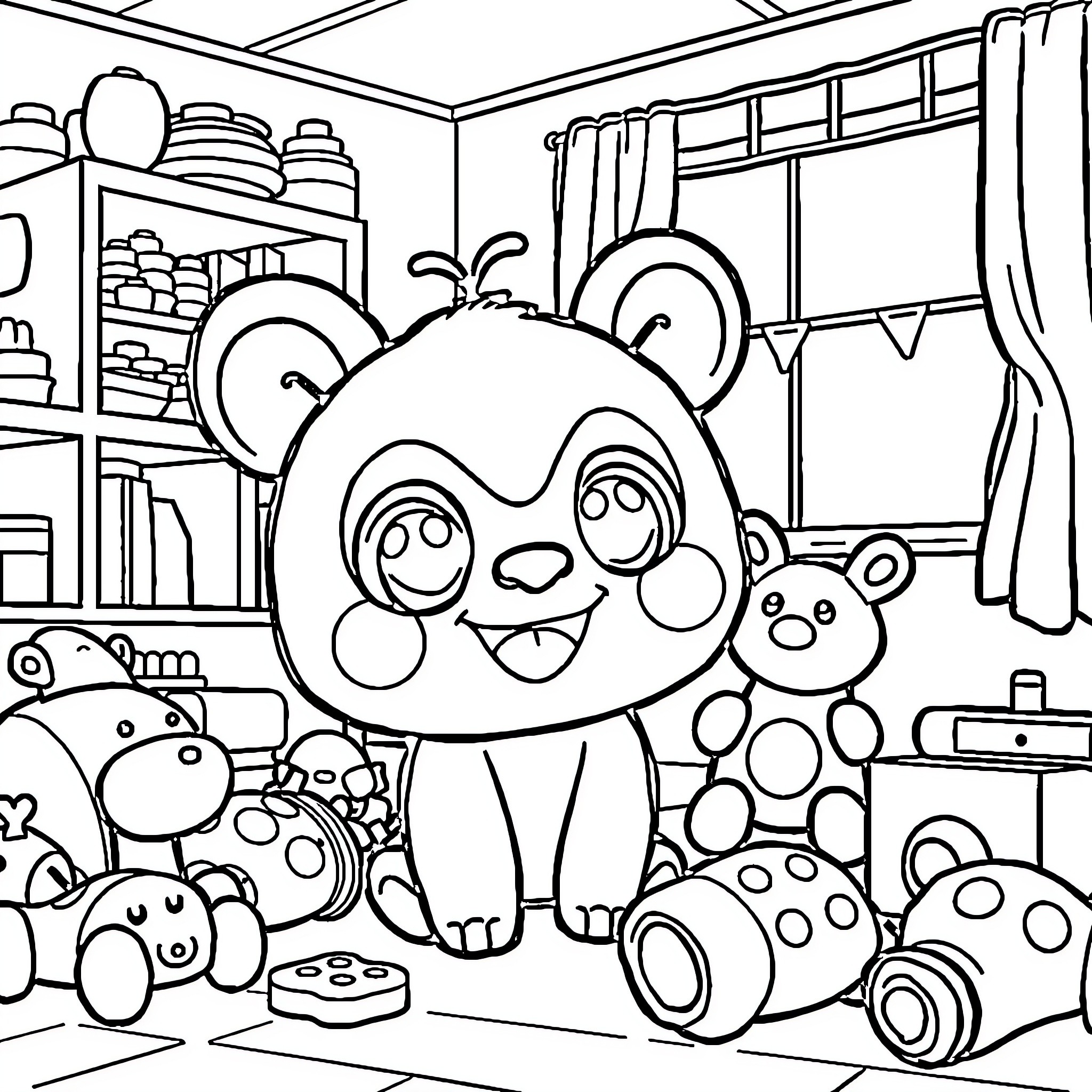 Labubu's Playroom with Plush Toys Coloring Page (free black-and-white line drawing printable PDF for all, from beginners to advanced learners, including children, teens, adults, and seniors)