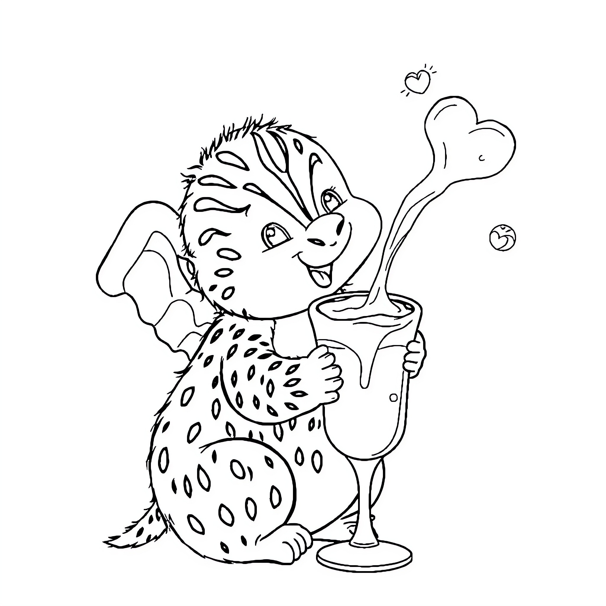Bebe Enjoying Refreshing Beverage with Hearts Coloring Page (free black-and-white line drawing printable PDF for all, from beginners to advanced learners, including children, teens, adults, and seniors)