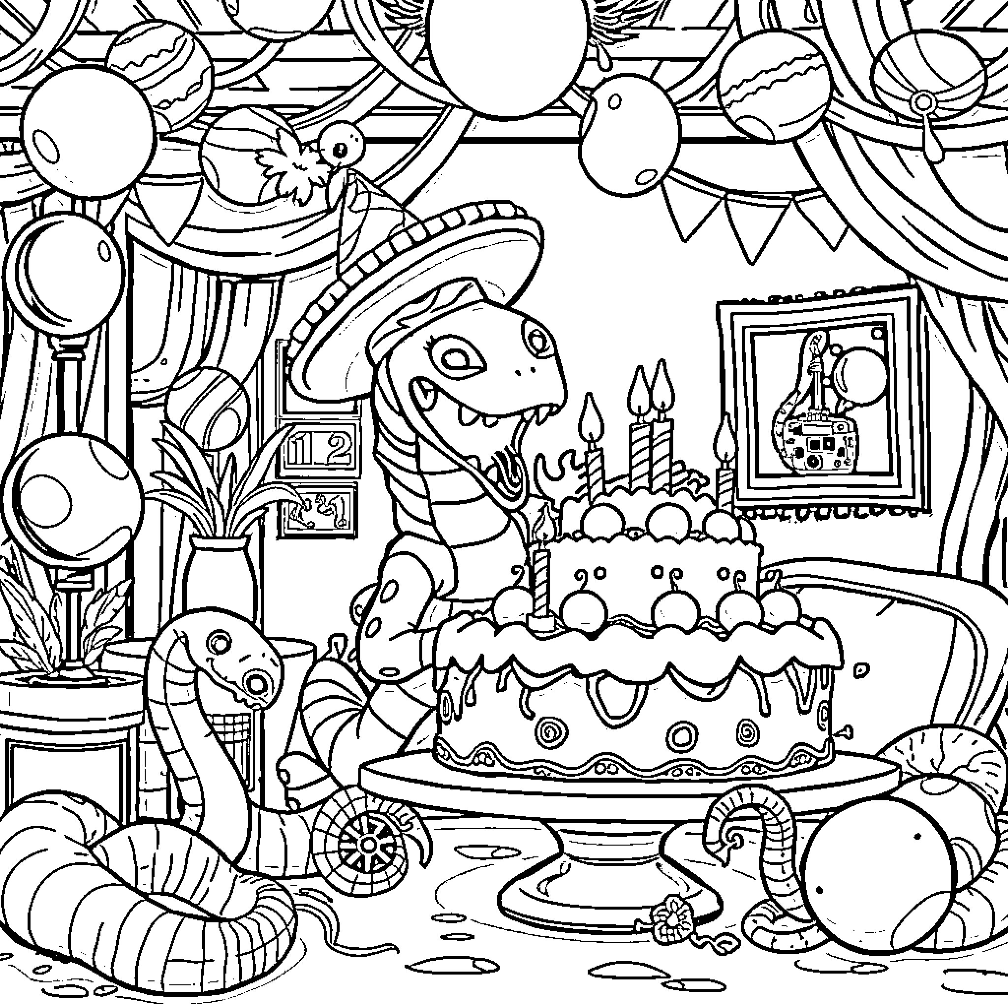 Xenomorph Birthday Party Coloring Page (free black-and-white line drawing printable PDF for all, from beginners to advanced learners, including children, teens, adults, and seniors)