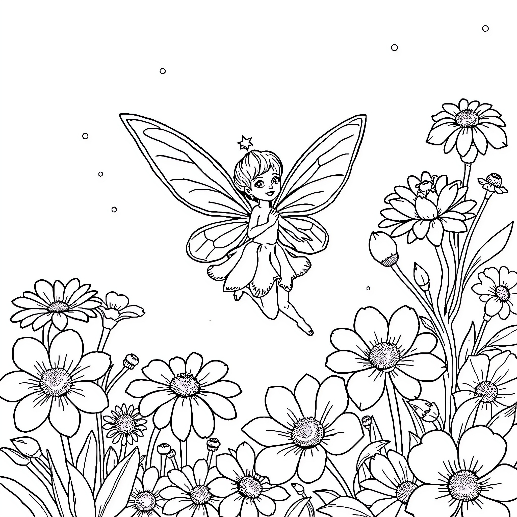 Fairy flying amidst blooming flowers Coloring Page (free black-and-white line drawing printable PDF for all, from beginners to advanced learners, including children, teens, adults, and seniors)