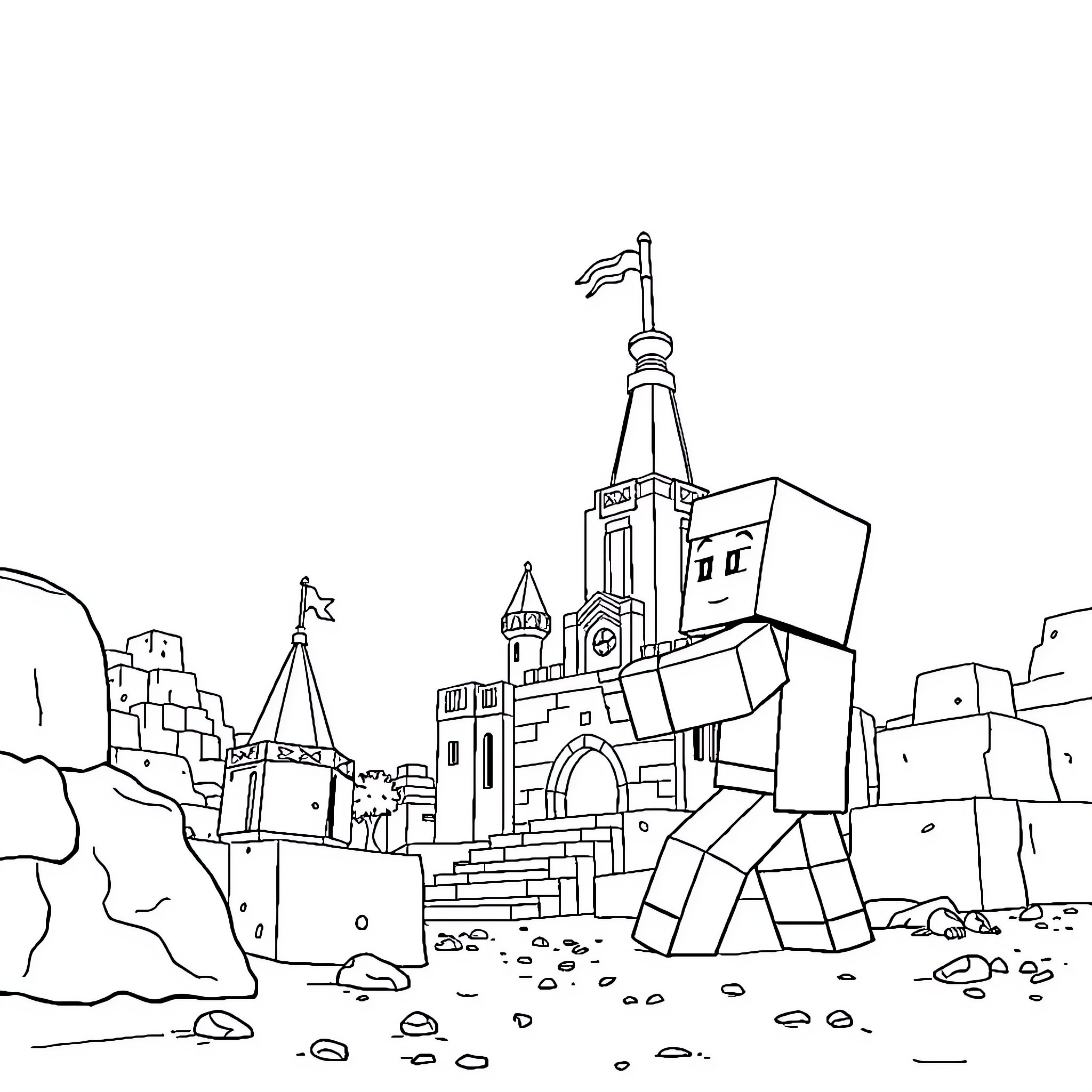 Minecraft characters exploring a blocky castle landscape Coloring Page (free black-and-white line drawing printable PDF for all, from beginners to advanced learners, including children, teens, adults, and seniors)