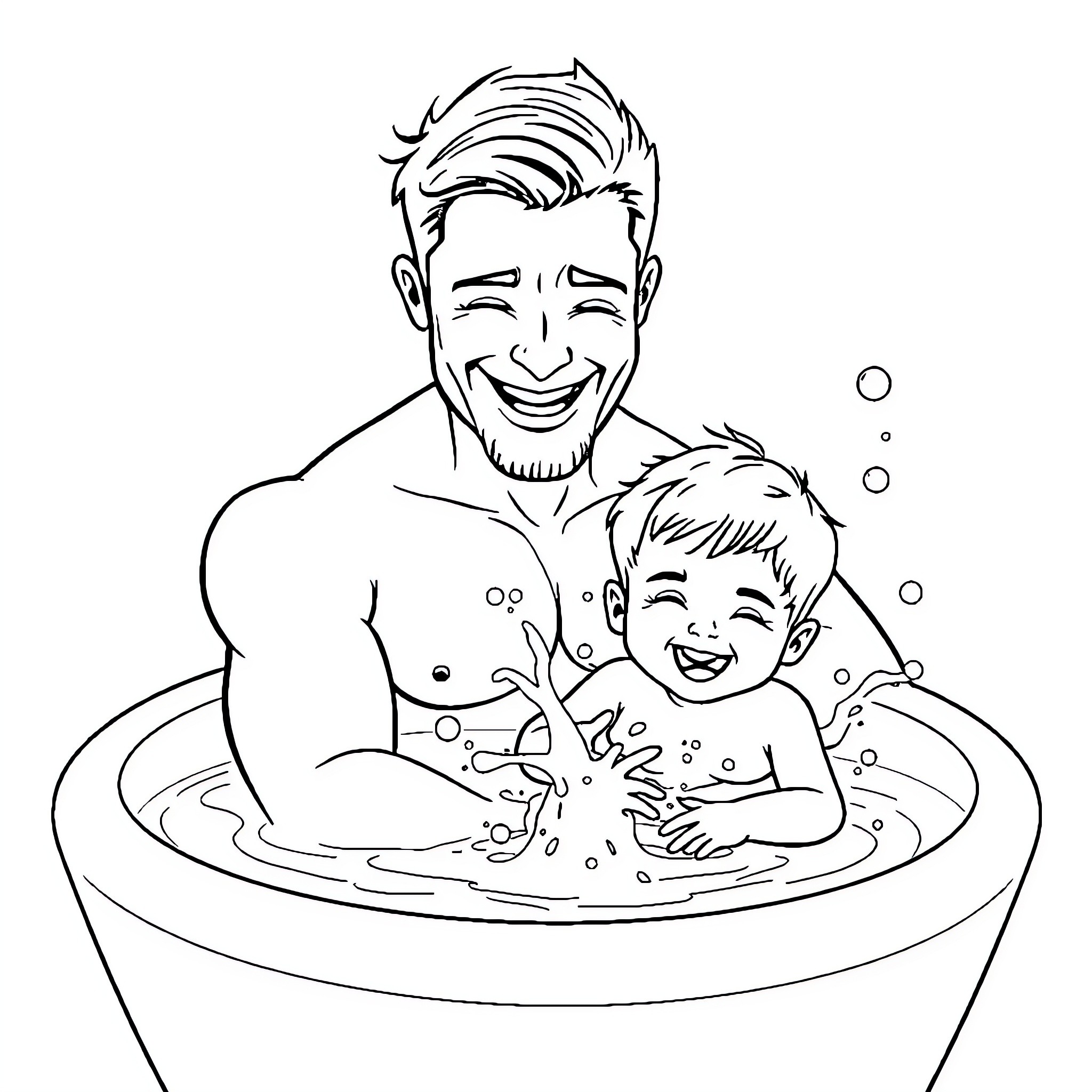 Daddy and child play joyfully in bath Coloring Page (free black-and-white line drawing printable PDF for all, from beginners to advanced learners, including children, teens, adults, and seniors)
