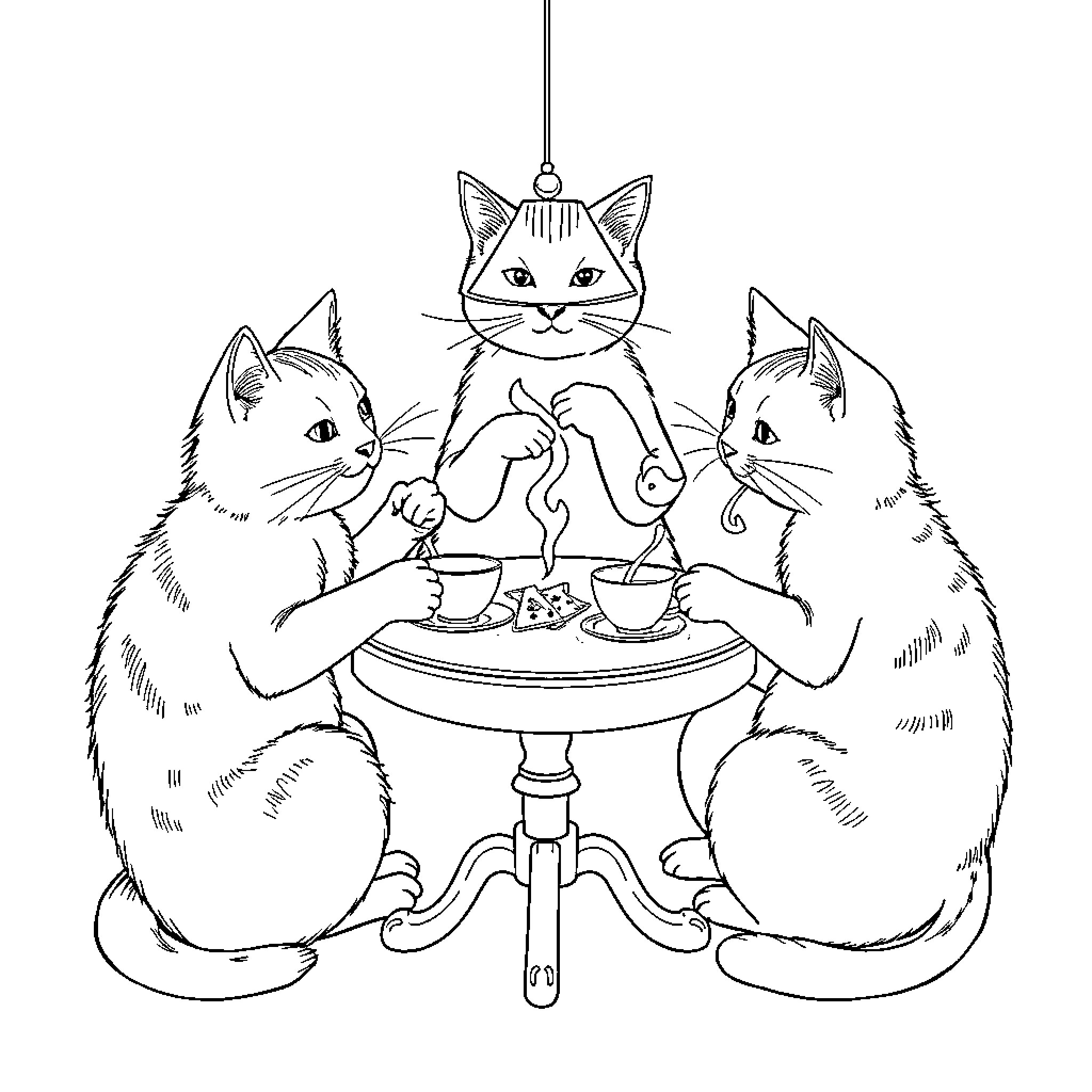 Cat Enjoying Tea Time with Friends Coloring Page (free black-and-white line drawing printable PDF for all, from beginners to advanced learners, including children, teens, adults, and seniors)