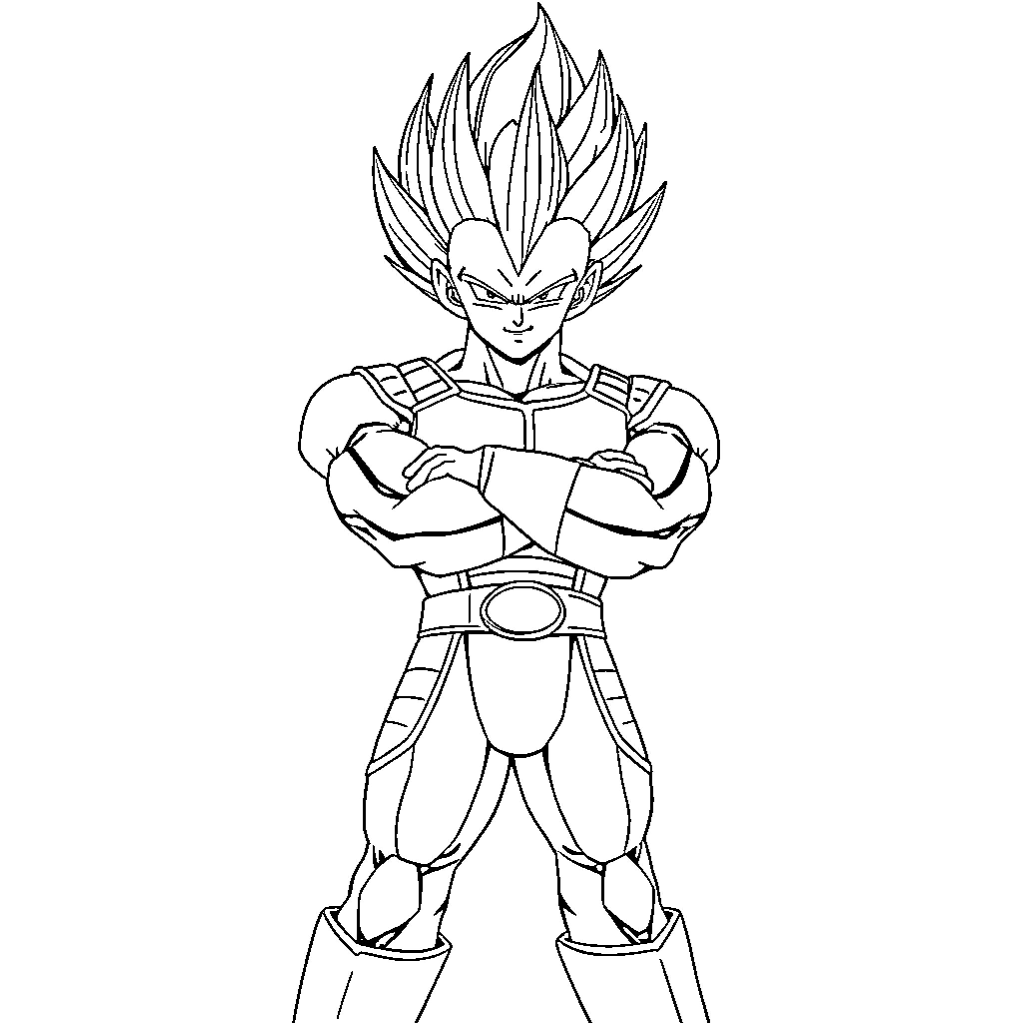 Vegeta in a Powerful Warrior Pose Coloring Page (free black-and-white line drawing printable PDF for all, from beginners to advanced learners, including children, teens, adults, and seniors)