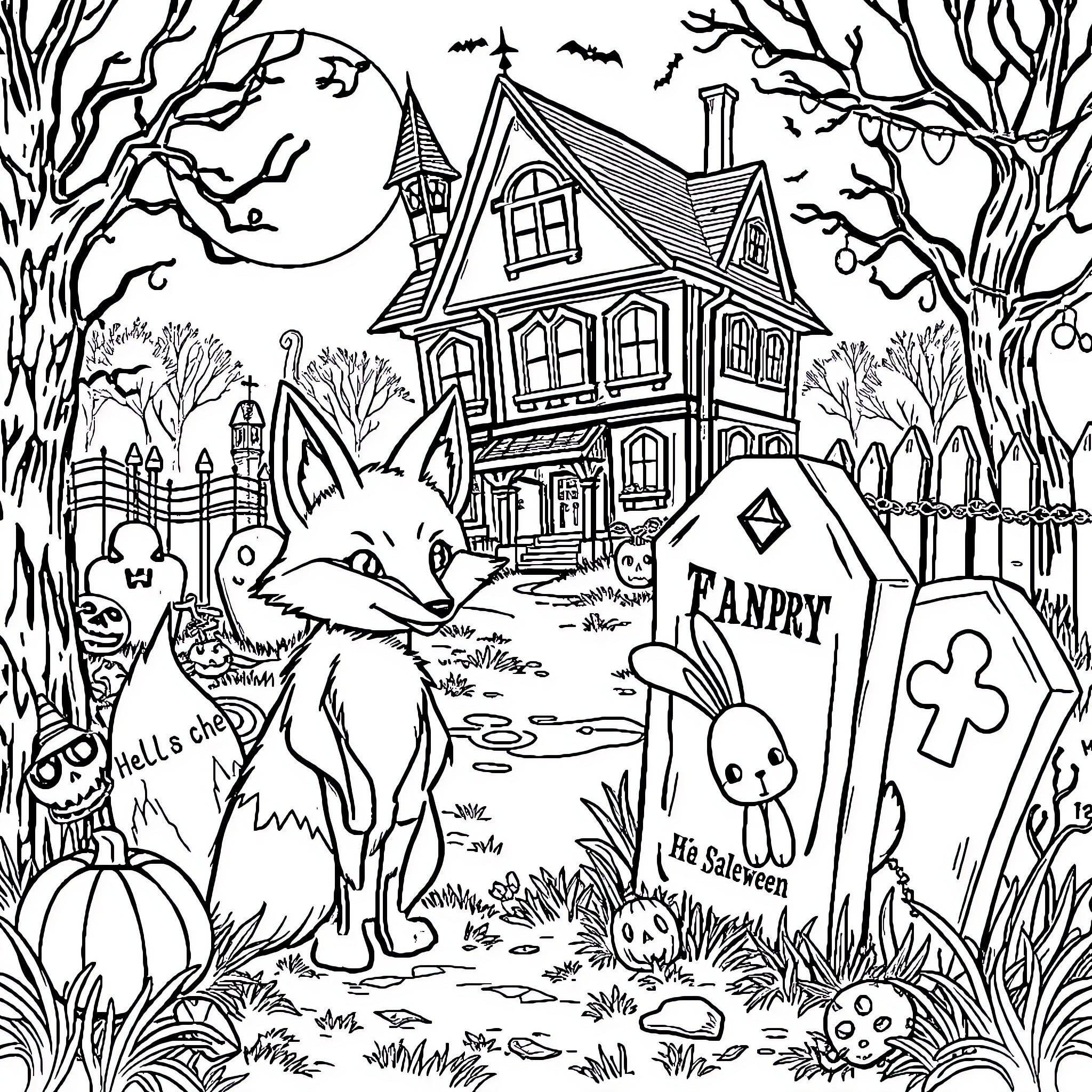 Fox explores haunted house on Halloween night Coloring Page (free black-and-white line drawing printable PDF for all, from beginners to advanced learners, including children, teens, adults, and seniors)