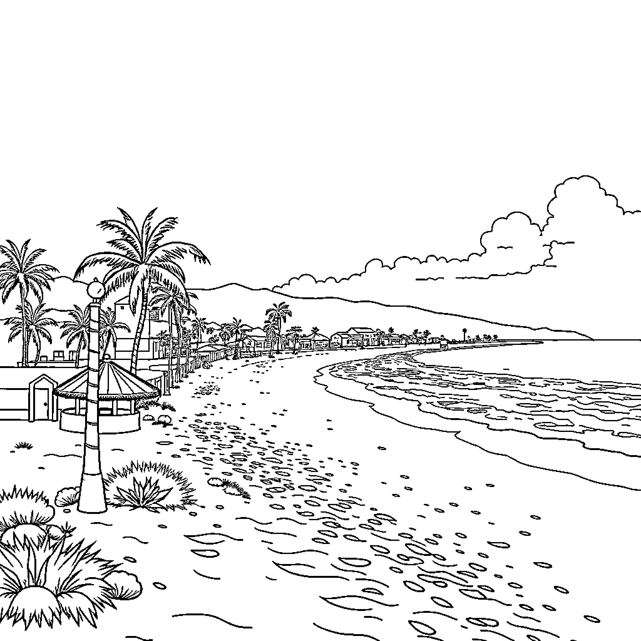 California Beach Scenery with Palm Trees and Clouds Coloring Page (free black-and-white line drawing printable PDF for all, from beginners to advanced learners, including children, teens, adults, and seniors)