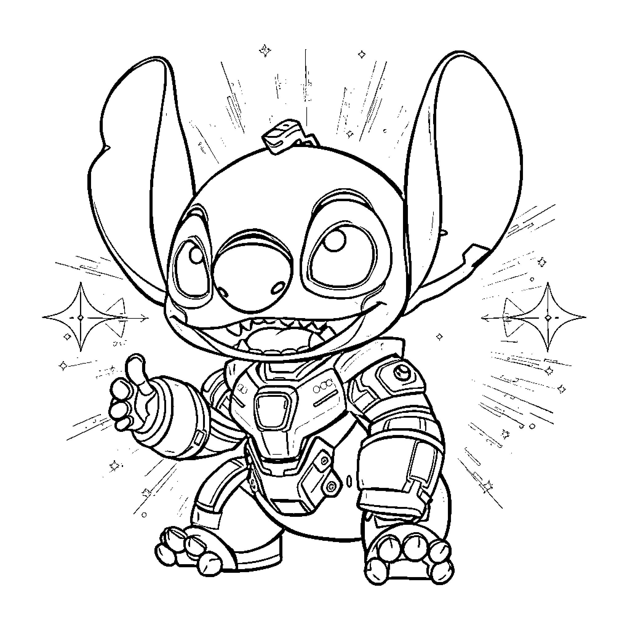 Stitch Wielding Futuristic Gadgets Coloring Page (free black-and-white line drawing printable PDF for all, from beginners to advanced learners, including children, teens, adults, and seniors)