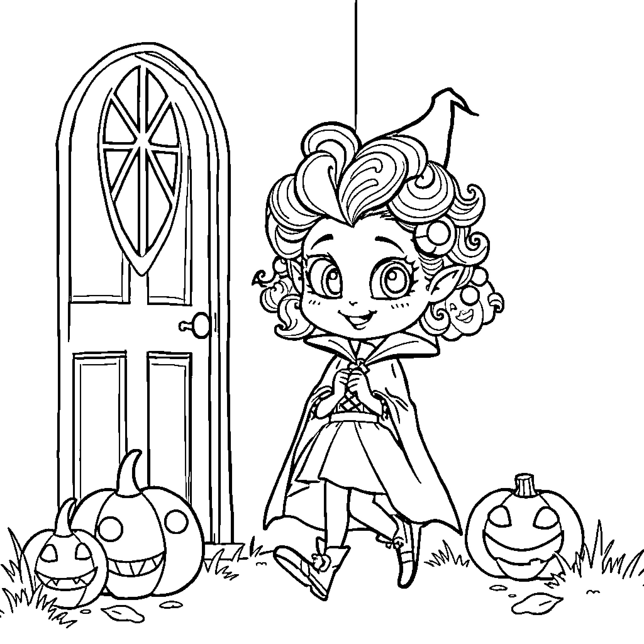 Vampire girl's spooky Halloween adventure Coloring Page (free black-and-white line drawing printable PDF for all, from beginners to advanced learners, including children, teens, adults, and seniors)