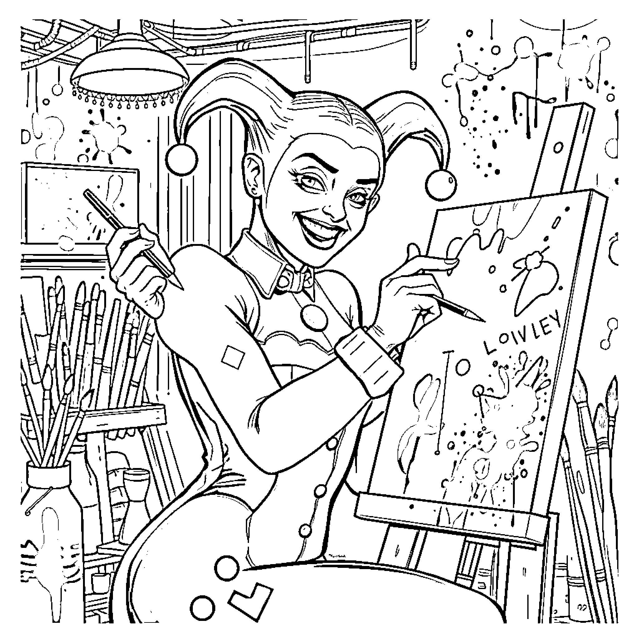 Harley Quinn's Artistic Expression Coloring Page (free black-and-white line drawing printable PDF for all, from beginners to advanced learners, including children, teens, adults, and seniors)