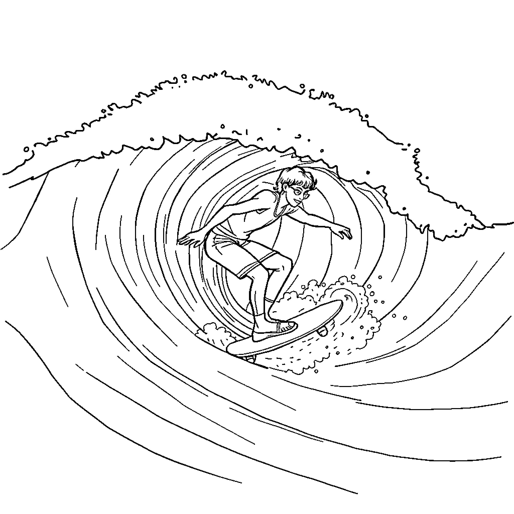 Skateboarding through a majestic wave Coloring Page (free black-and-white line drawing printable PDF for all, from beginners to advanced learners, including children, teens, adults, and seniors)