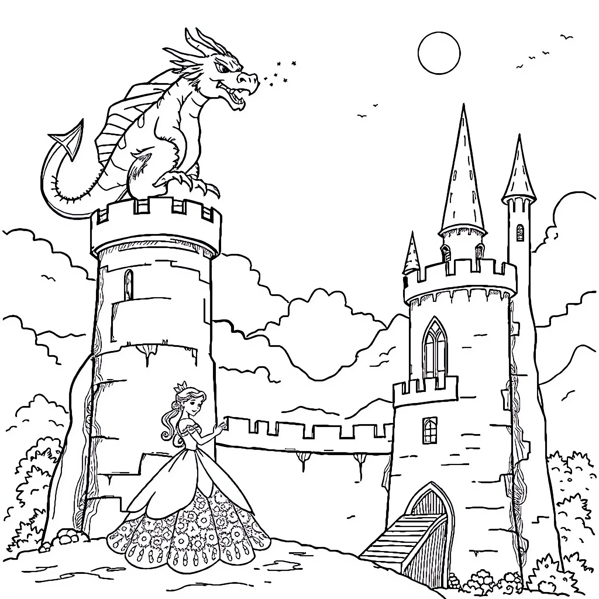 Princess in a Storybook Castle Landscape Coloring Page (free black-and-white line drawing printable PDF for all, from beginners to advanced learners, including children, teens, adults, and seniors)