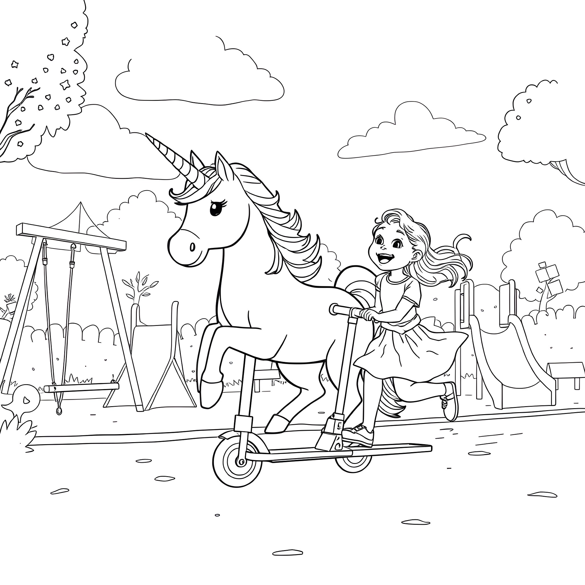 Unicorn and Girl on a Scooter in a Fantasy Playground Coloring Page (free black-and-white line drawing printable PDF for all, from beginners to advanced learners, including children, teens, adults, and seniors)