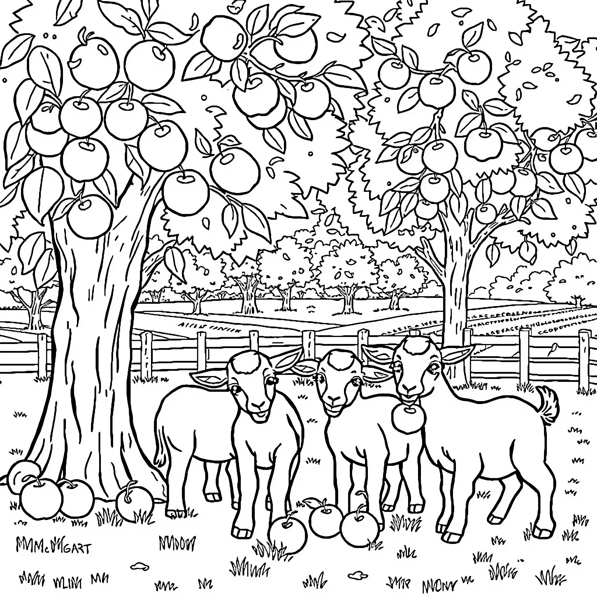 Goat and their kids playing in an orchard Coloring Page (free black-and-white line drawing printable PDF for all, from beginners to advanced learners, including children, teens, adults, and seniors)