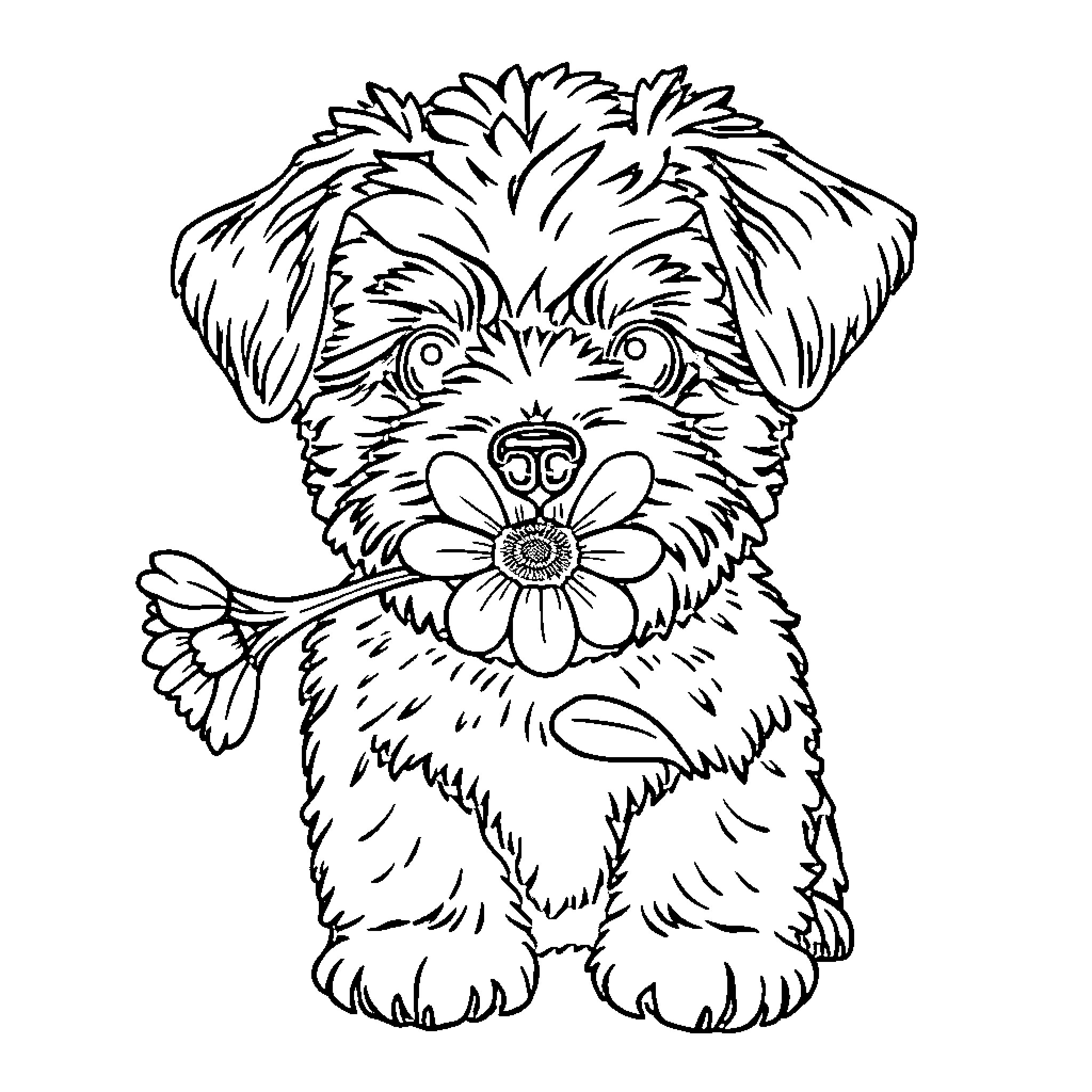 Cavachon puppy playing with flower Coloring Page (free black-and-white line drawing printable PDF for all, from beginners to advanced learners, including children, teens, adults, and seniors)