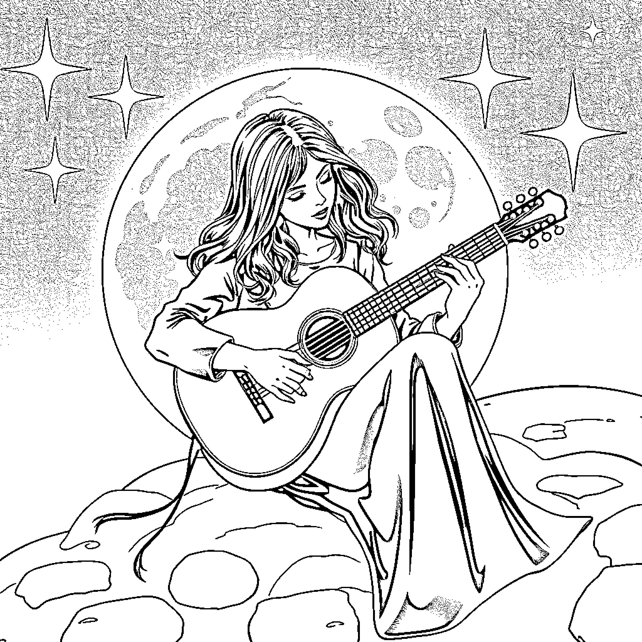Guitar player strumming in the starry night Coloring Page (free black-and-white line drawing printable PDF for all, from beginners to advanced learners, including children, teens, adults, and seniors)