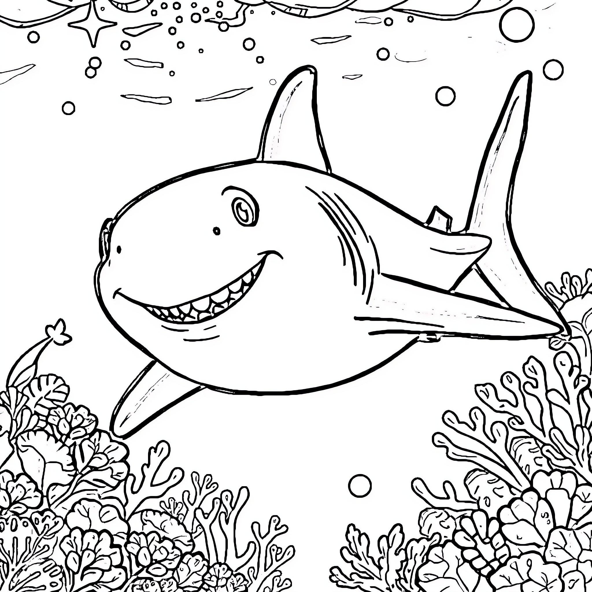 Shark swimming joyfully in the underwater reef Coloring Page (free black-and-white line drawing printable PDF for all, from beginners to advanced learners, including children, teens, adults, and seniors)