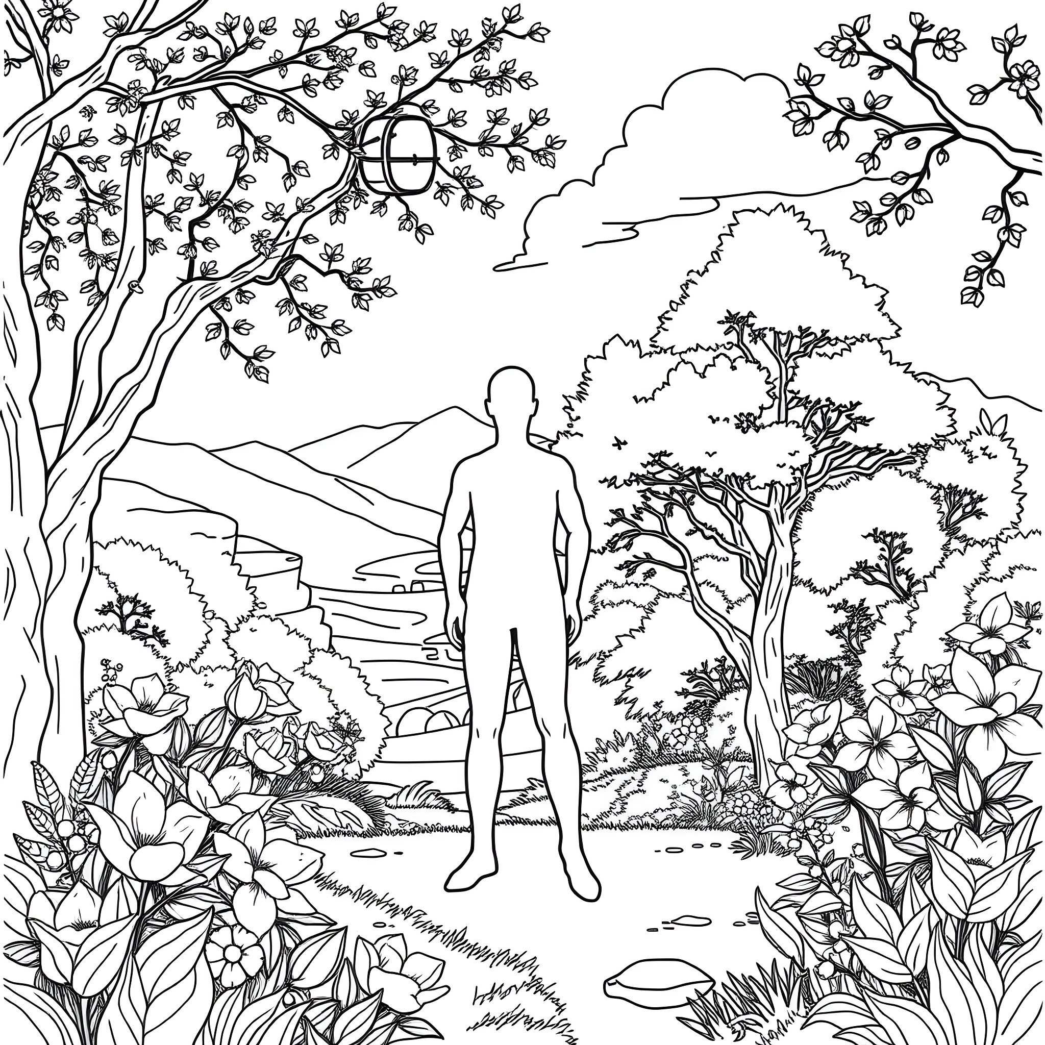 Number 18: Silhouetted figure in serene natural landscape Coloring Page (free black-and-white line drawing printable PDF for all, from beginners to advanced learners, including children, teens, adults, and seniors)