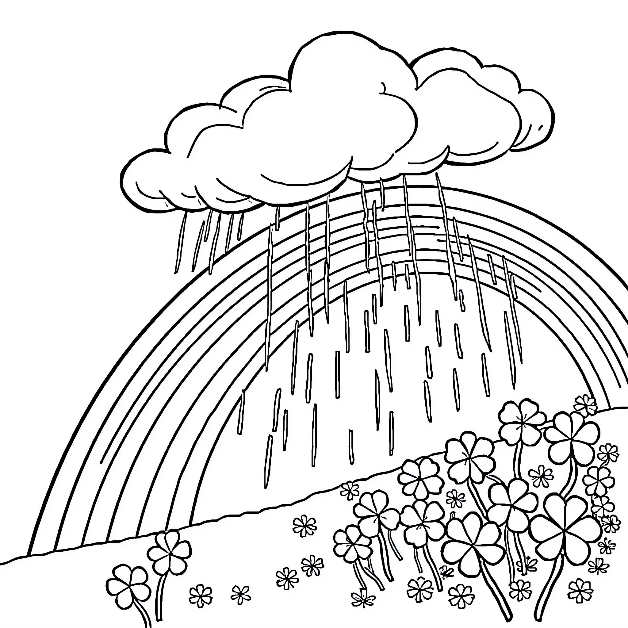 Rainbow of Flowers in the Rainy Storm Coloring Page (free black-and-white line drawing printable PDF for all, from beginners to advanced learners, including children, teens, adults, and seniors)