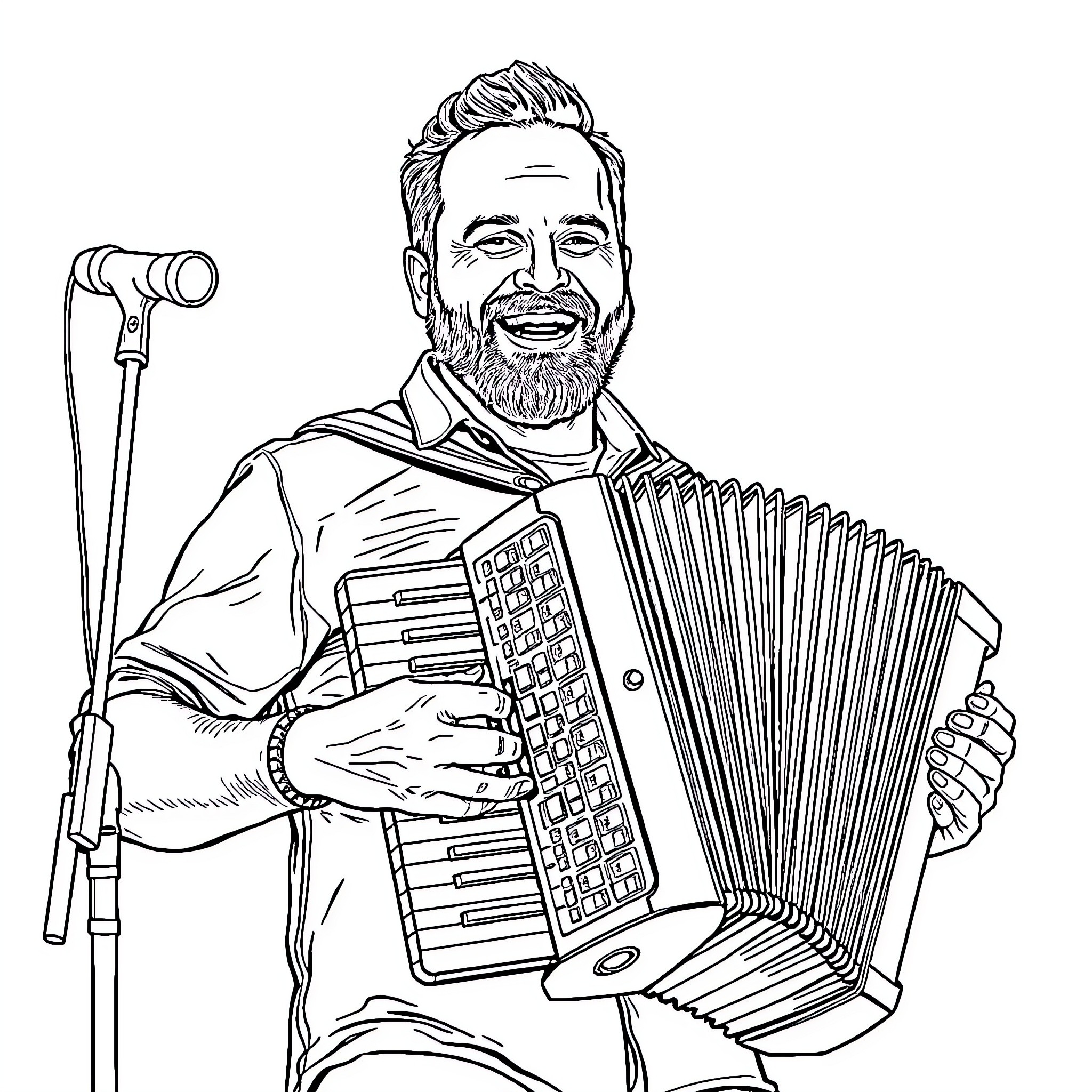 Dave Matthews playing an accordion on stage Coloring Page (free black-and-white line drawing printable PDF for all, from beginners to advanced learners, including children, teens, adults, and seniors)