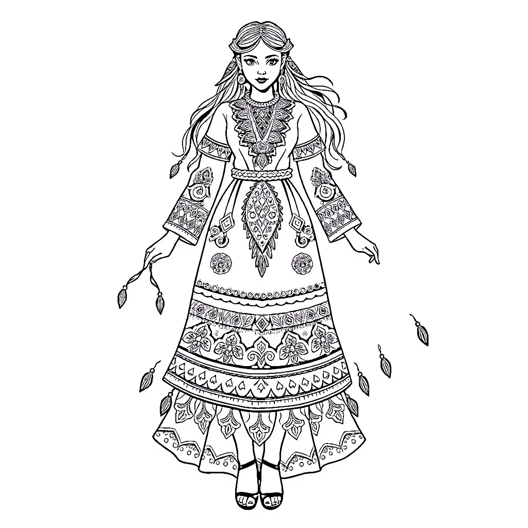 Dress of Intricate Patterns and Ornaments Coloring Page (free black-and-white line drawing printable PDF for all, from beginners to advanced learners, including children, teens, adults, and seniors)