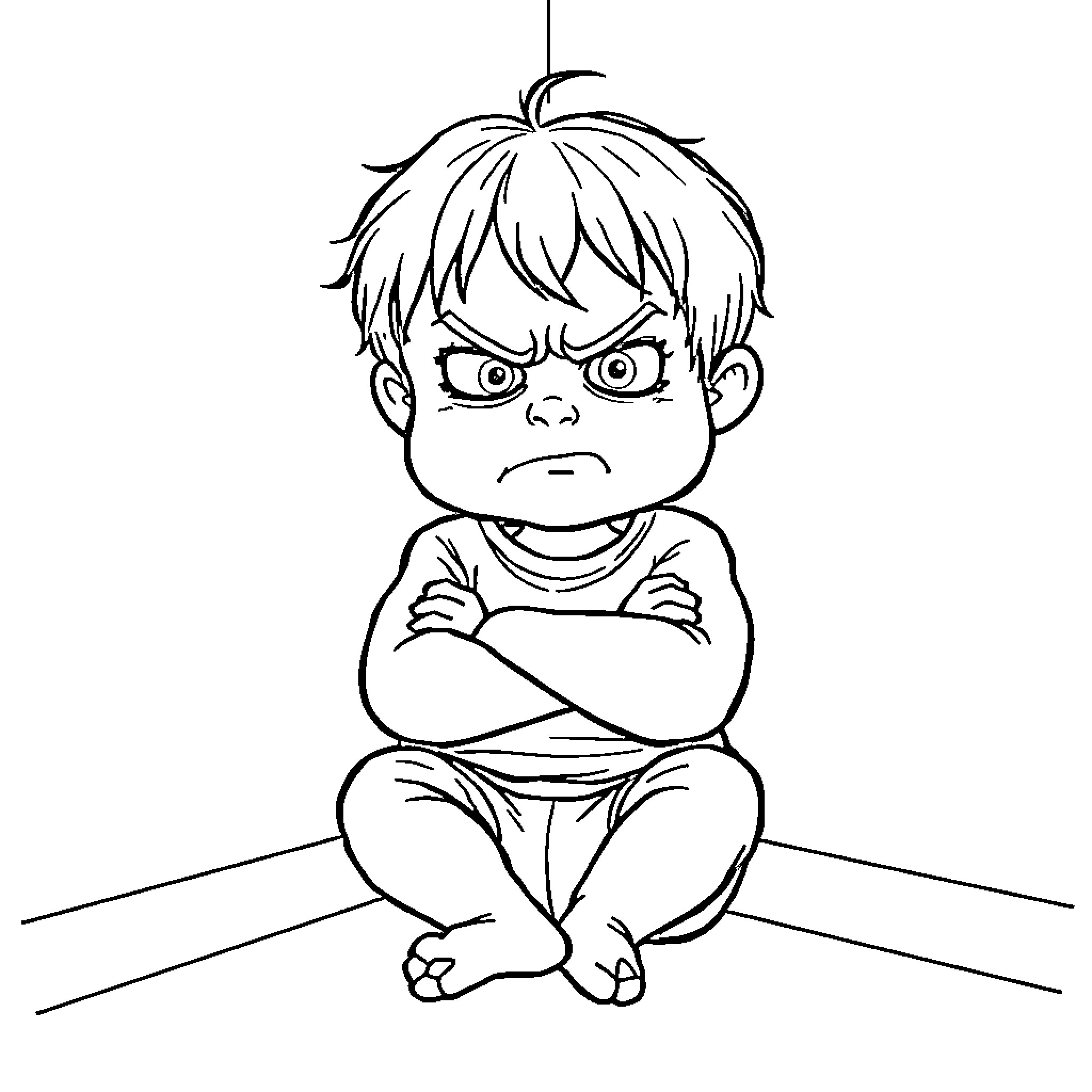 Child sitting with crossed arms and frowning expression Coloring Page (free black-and-white line drawing printable PDF for all, from beginners to advanced learners, including children, teens, adults, and seniors)