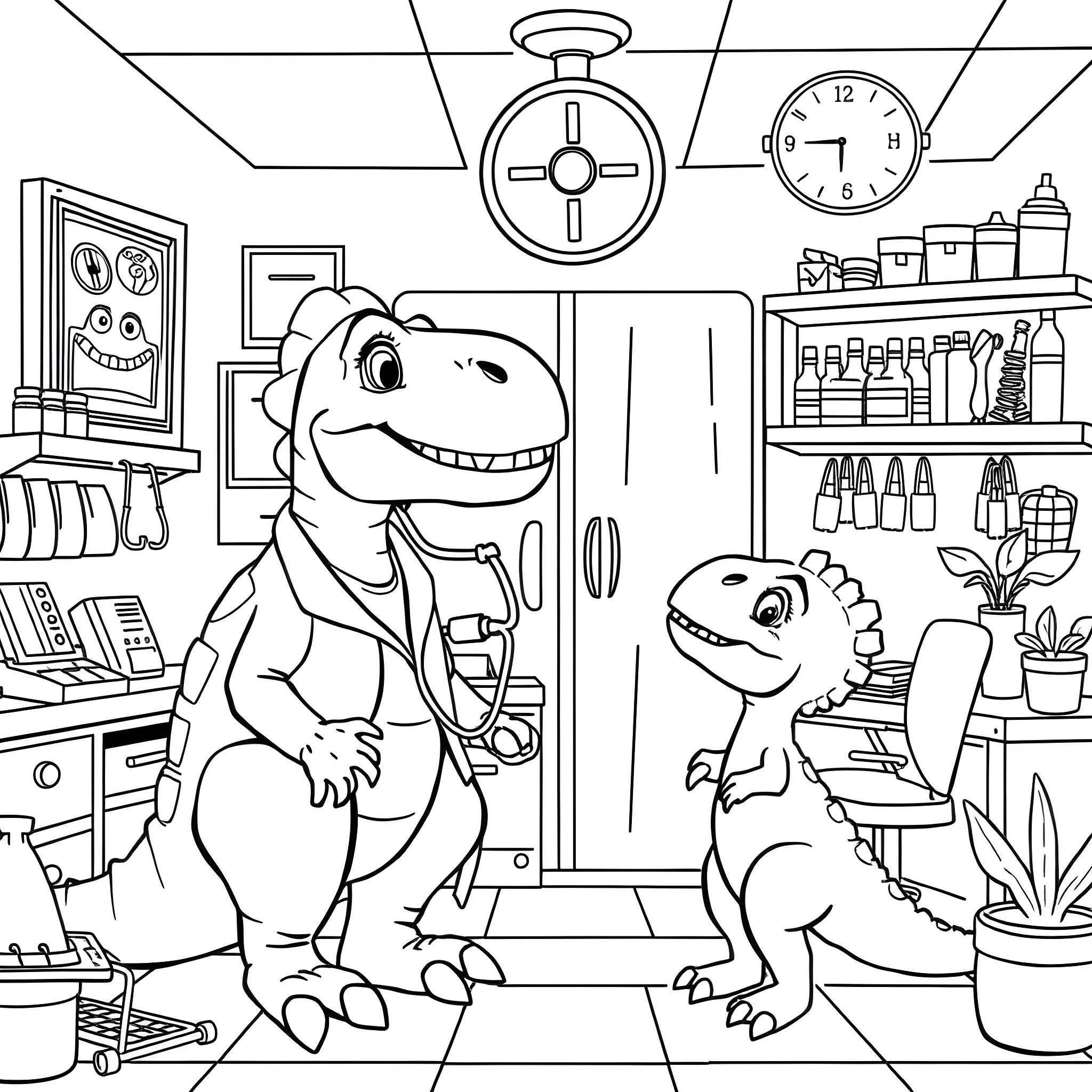 Dinosaur Buddies in the Workplace Coloring Page (free black-and-white line drawing printable PDF for all, from beginners to advanced learners, including children, teens, adults, and seniors)