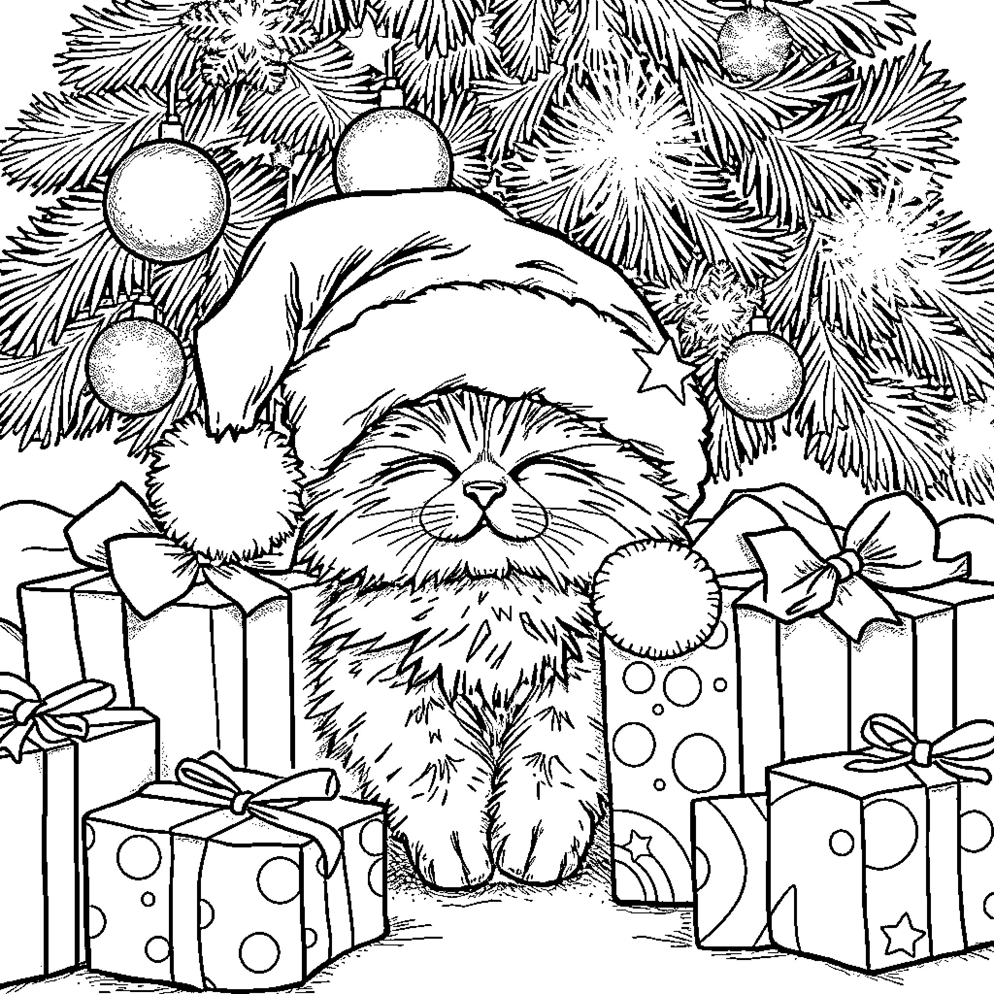Cat with Santa hat surrounded by Christmas gifts Coloring Page (free black-and-white line drawing printable PDF for all, from beginners to advanced learners, including children, teens, adults, and seniors)