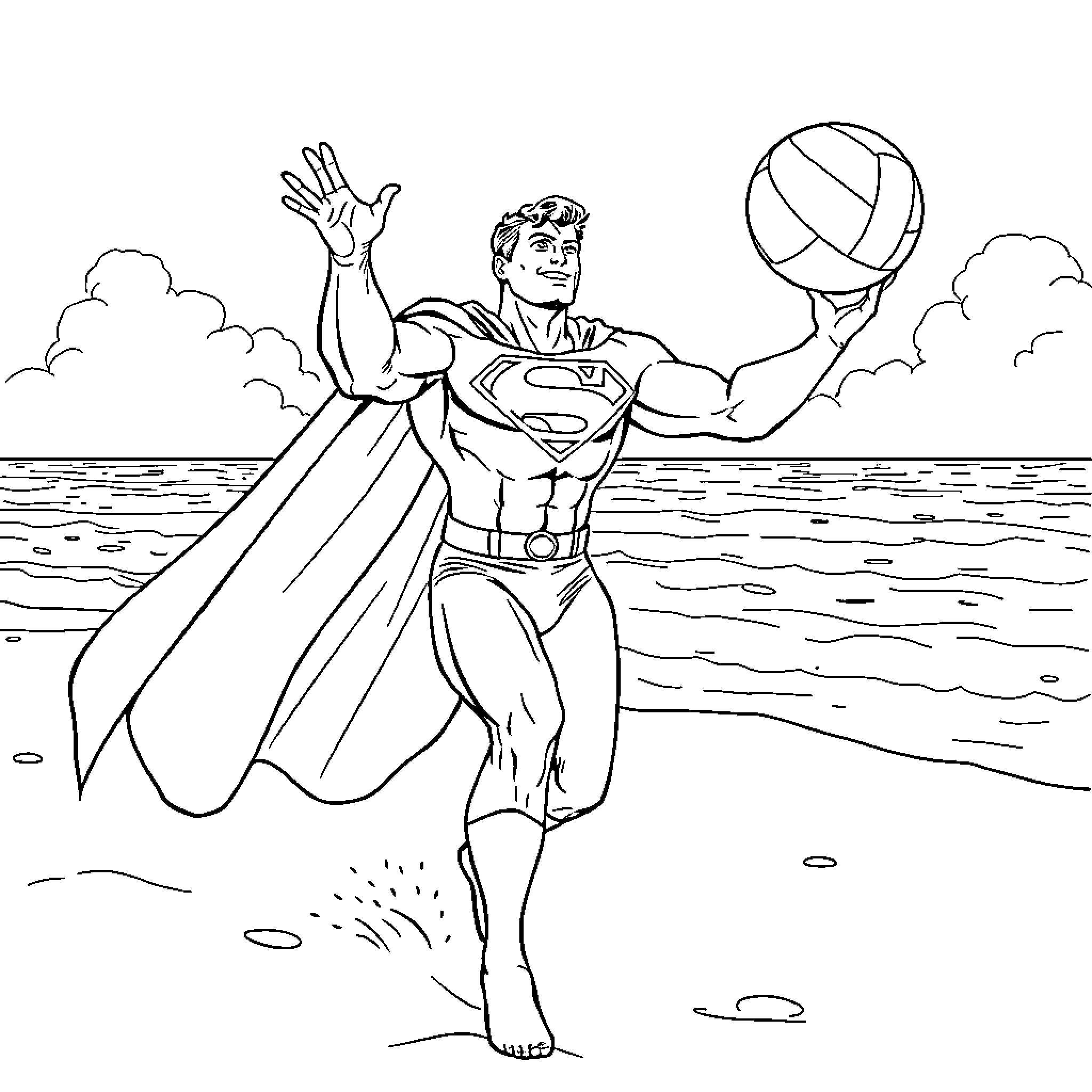Superman soaring through the clouds with a beach ball Coloring Page (free black-and-white line drawing printable PDF for all, from beginners to advanced learners, including children, teens, adults, and seniors)